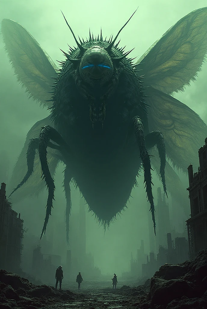 HD clear, best images, illustration quality, super detailed, butterfly monster, skinny shape, wasp-like monster, yellow and black scale covering the whole body, big leafs running through the body, tail with vine at the end, sharp claws and fangs, rainbow wings, perfect body shape, destroying a city, with a ruined city in the background ((concept art)), Giant moths