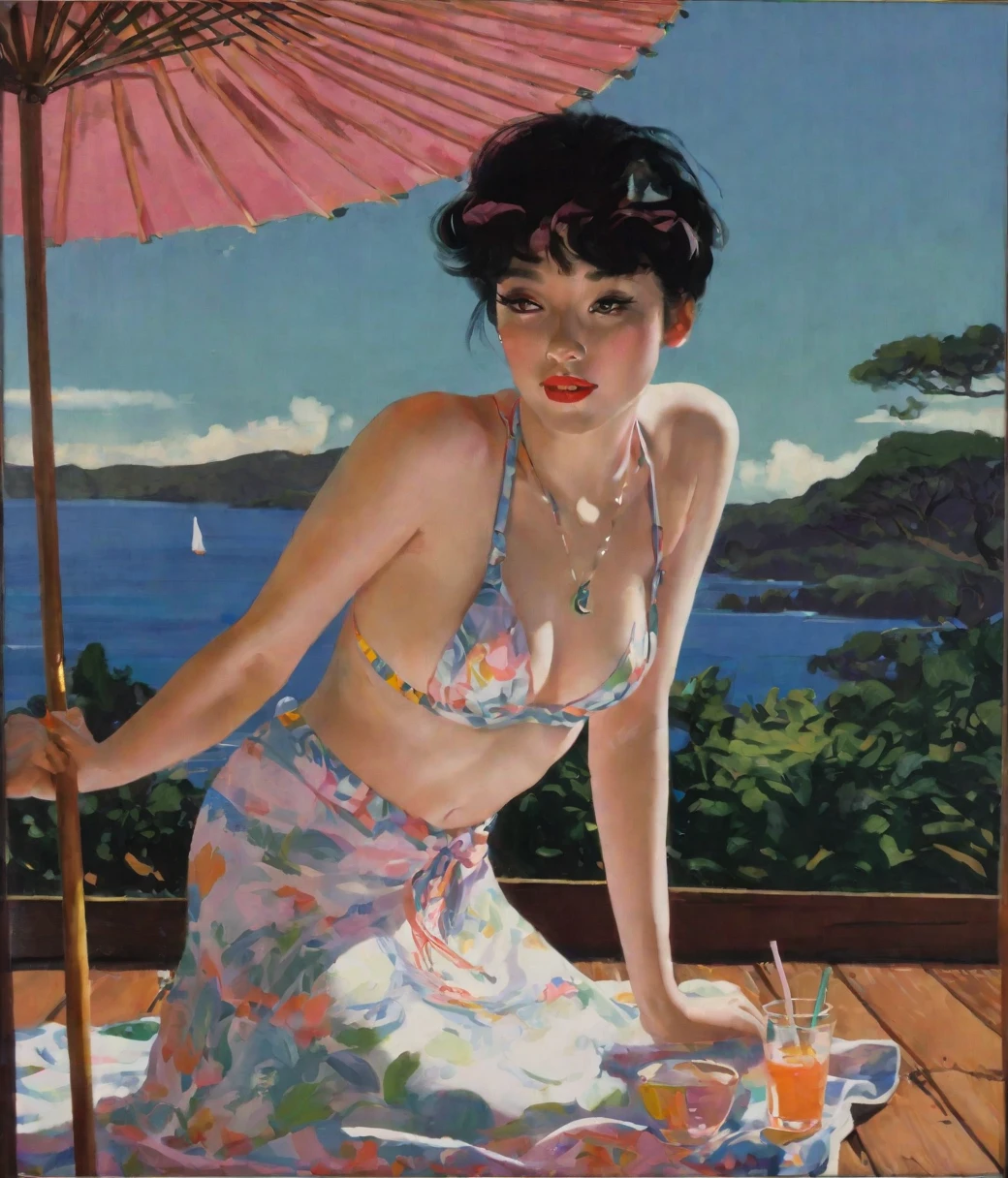 1girl, intricate details, beautiful detailed face, (minimum micro ??????:1.2), see-through, looking at viewer, (night pool party), blush, open mouth, black hair, medium hair, blunt bangs, happy, standing((Marc Chagall style)), magic naive art, primitivism, protogen, ((best quality, Masterpiece)), ((Highest detail)), RAW:1,1, 8k