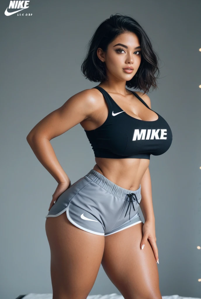 (best quality,highres,masterpiece:1.2),ultra-detailed,realistic,portrait,beautiful detailed eyes,beautiful detailed lips,longeyelashes,sexy woman,curvy body,open front long-sleeved blouse,black panties,Nike sneakers