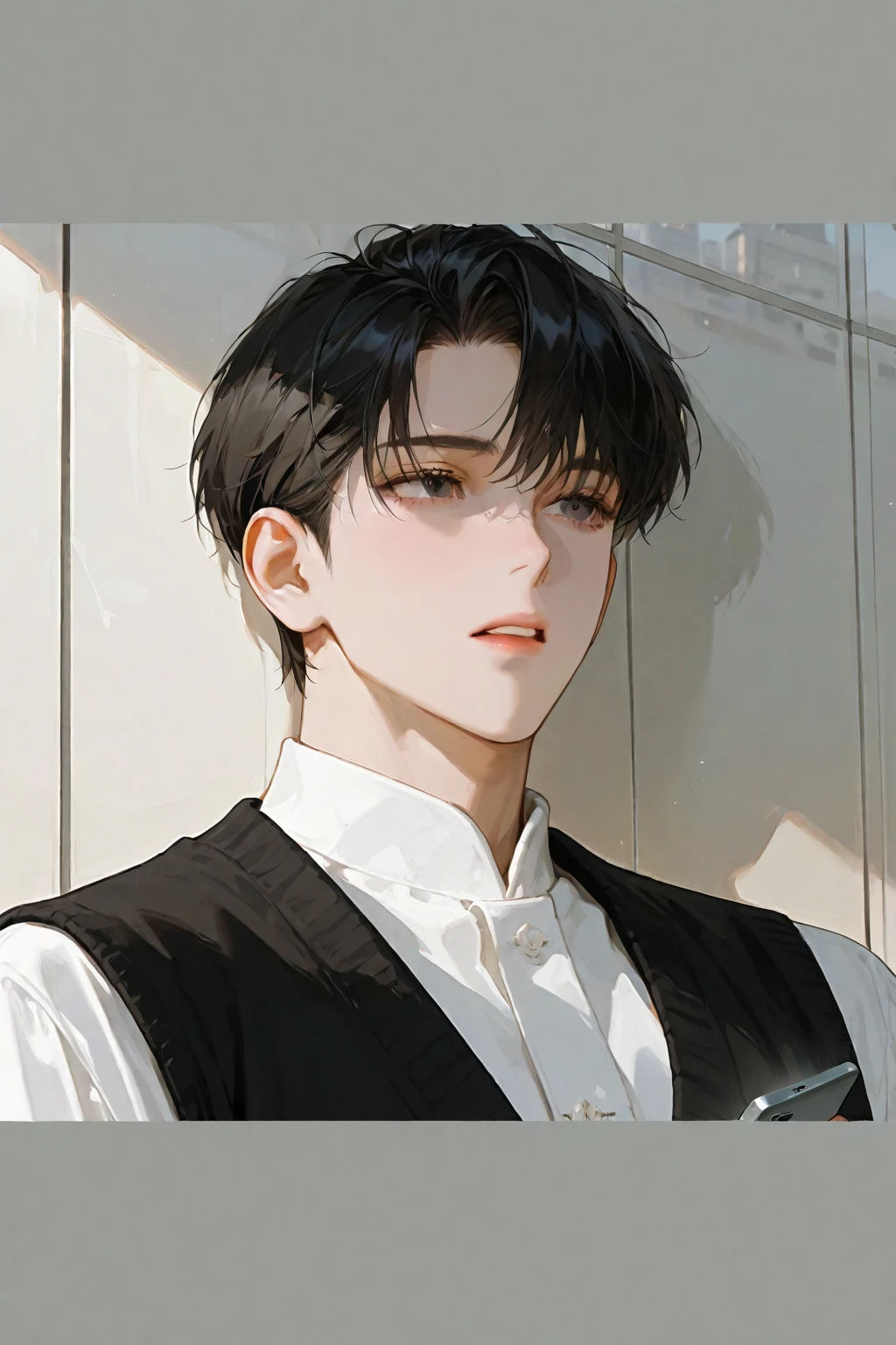 modern, under a clear blue sky, anime style, chiaroscuro, UHD, masterpiece, anatomically correct, textured skin, high details, super detail, best quality, (extreamly delicate and beautiful:1.2), 8K, (tmasterpiece, best:1.0), ((A boy with very short black hair)), short black Quiff hair with Soft Fringe, bangs part on side 5:5 ratio, wearing a loose black sleeve, thin, (sports style), displaying a sly smile, Korean illustration style.