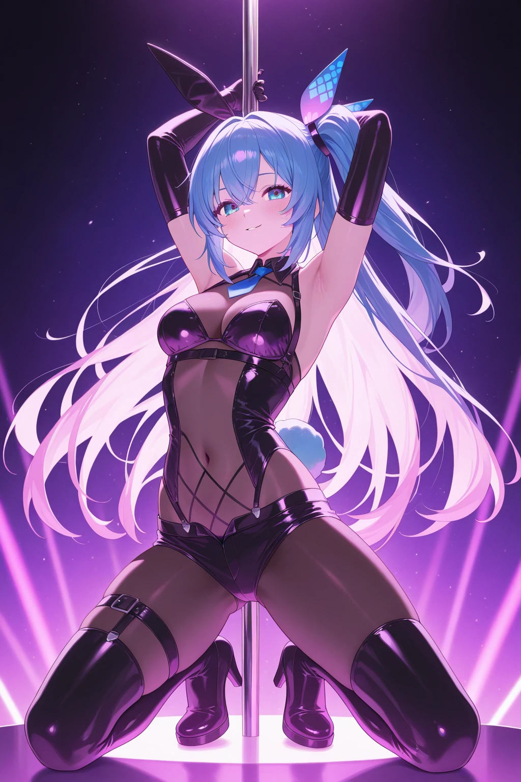 Highest quality,masterpiece,Rock singer,Dark silver hair,Live Stage,Radical Slingshot Swimsuit,Small live music venue,Leg spread,The  is strained