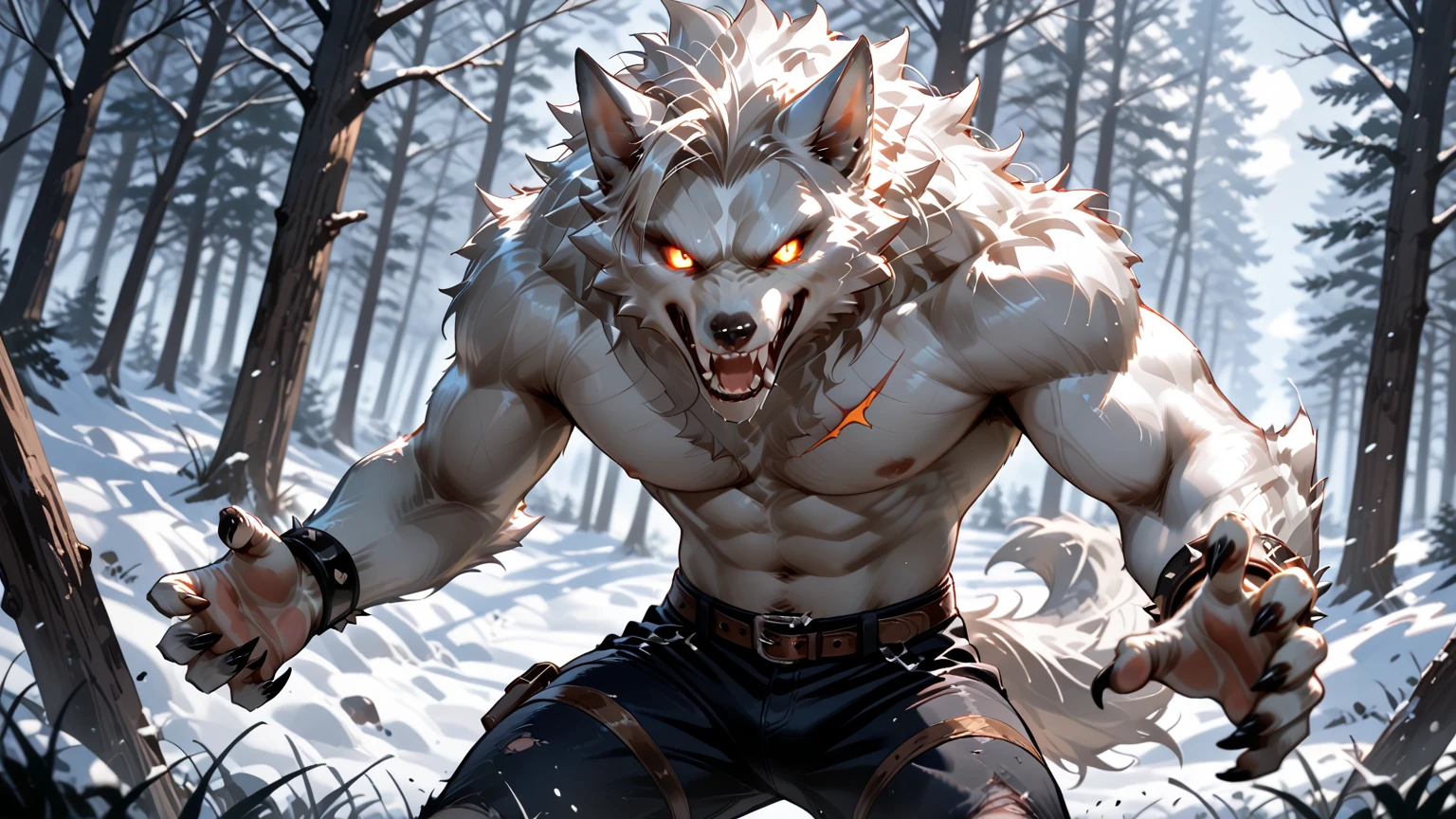 Death is a anthropomorphic silvery-white wolf with an elongated snout, gray mask-like markings on his face, sharp teeth, and glaring sinister red eyes, who has a well-built body, and carries a pair of razor-sharp sickles, anthro wolf, male, adult, grey fur, buffed body, , beefy body, furred body, beautiful, furry  hair, realistic, full body, photorealistic, ultra realistic, 8k, night, -chested, 