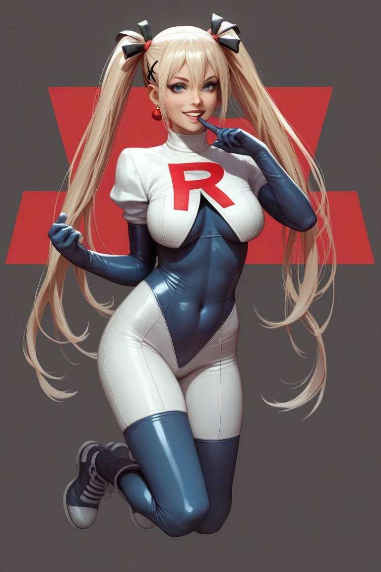 rosalina,team rocket,team rocket uniform, red letter R, white skirt,white crop top,black thigh-highs,black elbow gloves,