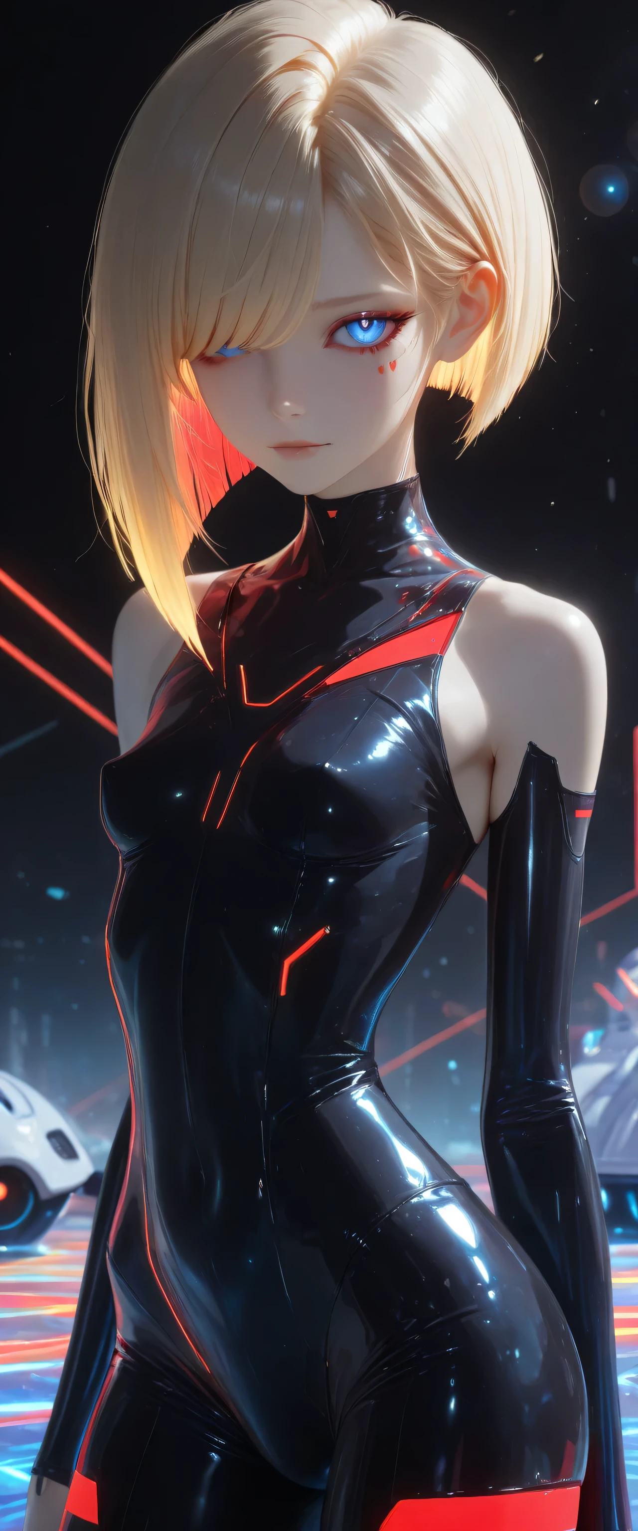  RAW digital art, ultra-realistic 3D render of a stunning woman resembling a futuristic cyberpunk protagonist, ((young woman)), ((highly detailed face:1.3)), ((perfectly proportioned oval face, delicate feminine yet androgynous features:1.3)), ((skinny, slim athletic build, narrow shoulders and waist:1.3)), (( yet cold gaze)), (striking ice-blue eyes, long dark eyelashes, expressive eyes with subtle catchlights and reflections, pale porcelain skin with cool undertones, subtle beauty mark on left cheek)), ((large perky  under tight clothing:1.3)), ((smooth yet detailed hair strands, very short platinum-blonde asymmetrical bob with side-swept bangs partially covering one eye, silky metallic sheen:1.35)), soft dramatic rim lighting with strong cool blue key light from front-left, glowing hair edges, cinematic cyberpunk color grading with dominant cool blues and high contrast, ((wearing a black tight suit in the style of the Tron movies, red stripes on the suit, neon stripes, future, and reflective fabric:1.45)), minimal clean background with soft blue gradient and subtle lens flare, close-up portrait from  up, background softly blurred, (8K resolution, intricate textures, razor-sharp focus on eyes and face)