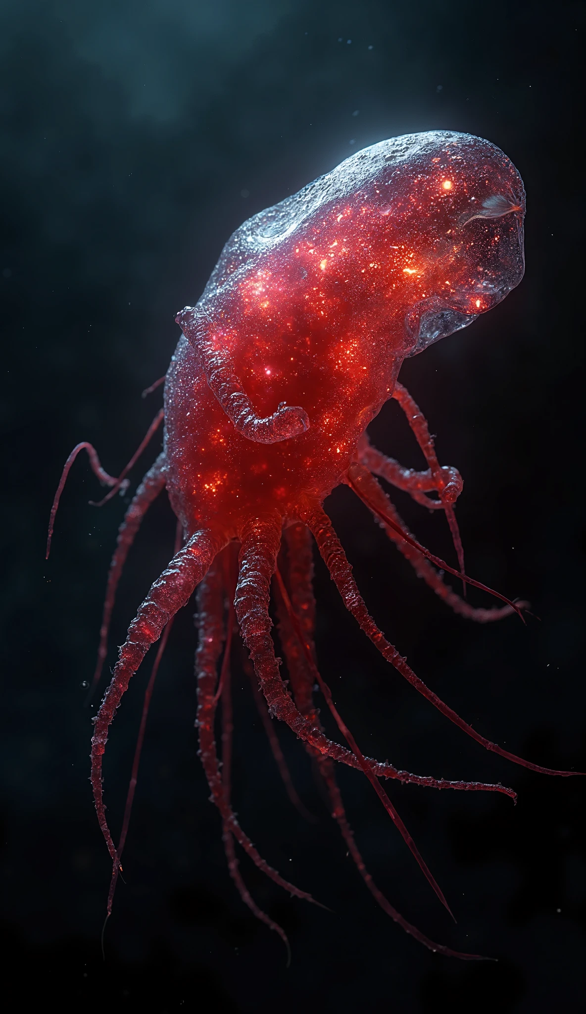 It is surrounded by viscous liquid and is lifted by black tentacles