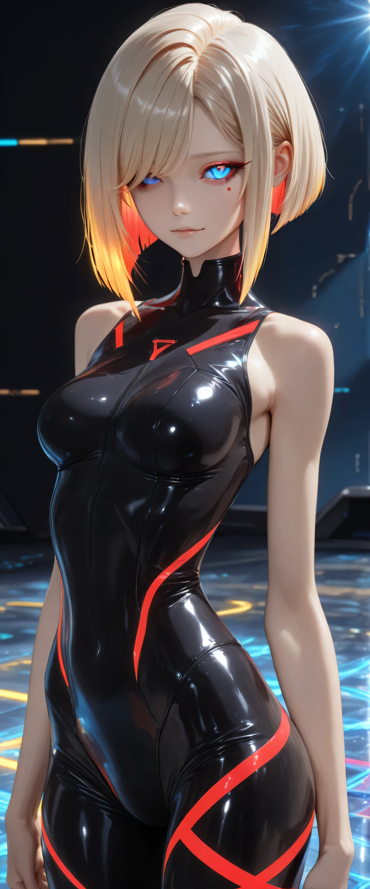  RAW digital art, ultra-realistic 3D render of a stunning woman resembling a futuristic cyberpunk protagonist, ((young woman)), ((highly detailed face:1.3)), ((perfectly proportioned oval face, delicate feminine yet androgynous features:1.3)), ((skinny, slim athletic build, narrow shoulders and waist:1.3)), (( yet cold gaze)), (striking ice-blue eyes, long dark eyelashes, expressive eyes with subtle catchlights and reflections, pale porcelain skin with cool undertones, subtle beauty mark on left cheek)), (( under tight clothing:1.3)), ((smooth yet detailed hair strands, very short platinum-blonde asymmetrical bob with side-swept bangs partially covering one eye, silky metallic sheen:1.35)), soft dramatic rim lighting with strong cool blue key light from front-left, glowing hair edges, cinematic cyberpunk color grading with dominant cool blues and high contrast, ((wearing a black tight suit in the style of the Tron movies, red stripes on the suit, neon stripes, future, and reflective fabric:1.45)), minimal clean background with soft blue gradient and subtle lens flare, close-up portrait from  up, background softly blurred, (8K resolution, intricate textures, razor-sharp focus on eyes and face)