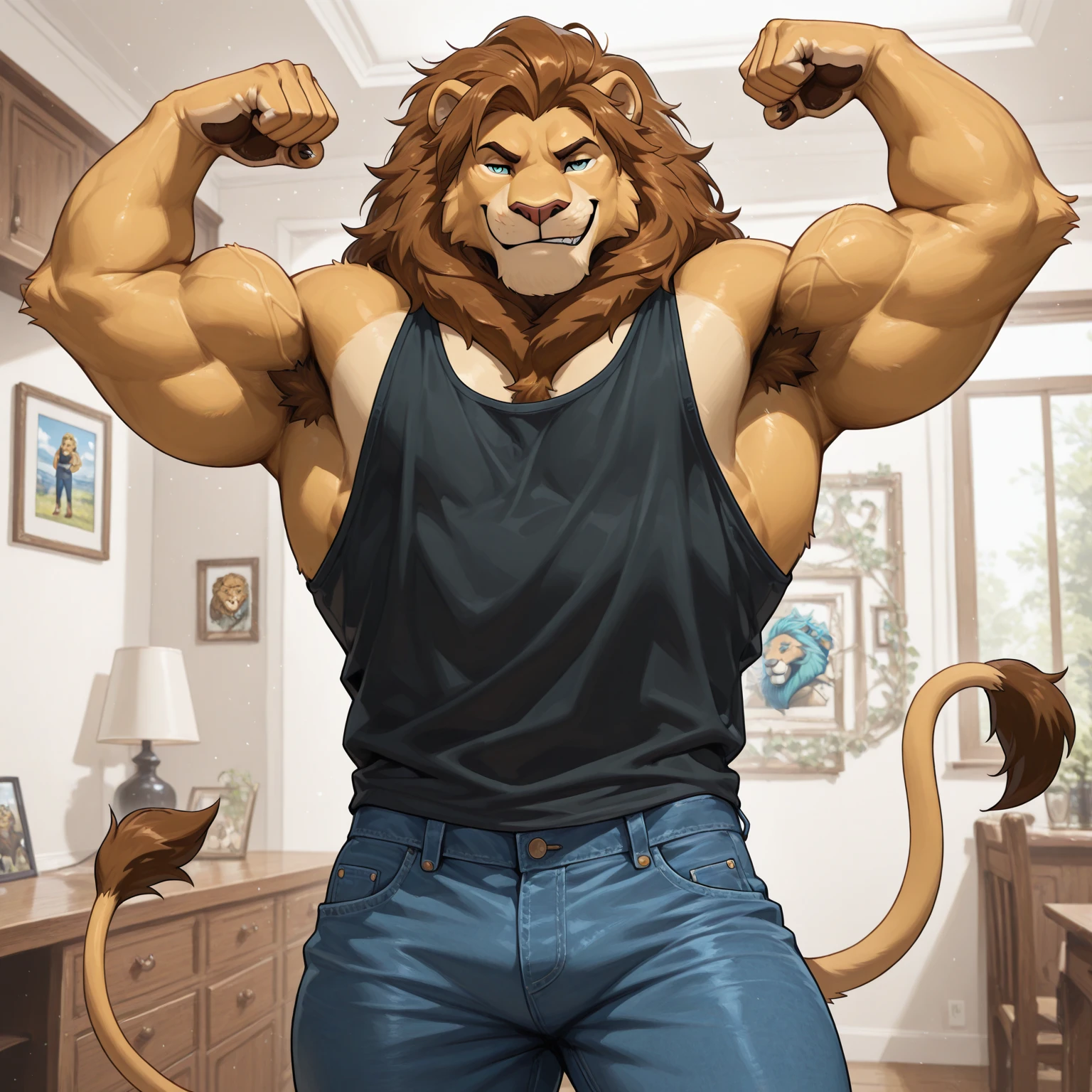 a very fat male lion with a long blonde mane, extremely detailed eyes, feral paws, a big and extremely fat belly, very muscular arms, wearing a tight jockstrap, sitting on a comfortable seat, watching TV in a luxurious room with a double bed, just face portrait, realistic face portrait, 8k, photorealistic, correct 