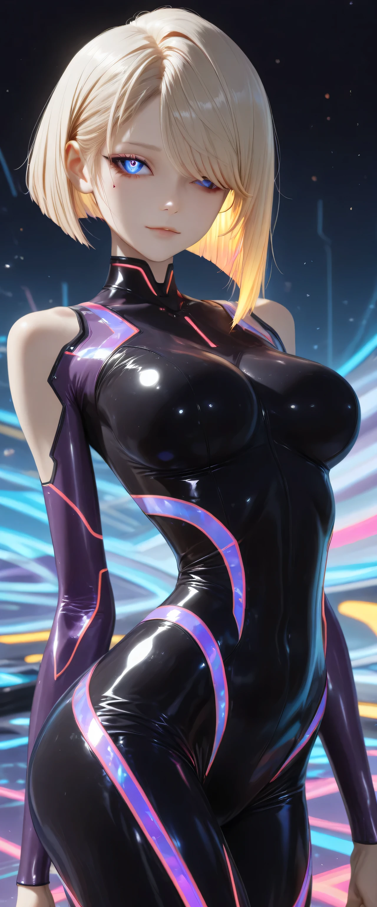  RAW digital art, ultra-realistic 3D render of a stunning woman resembling a futuristic cyberpunk protagonist, ((young woman)), ((highly detailed face:1.3)), ((perfectly proportioned oval face, delicate feminine yet androgynous features:1.3)), ((skinny, slim athletic build, narrow shoulders and waist:1.3)), (( yet cold gaze)), (striking ice-blue eyes, long dark eyelashes, expressive eyes with subtle catchlights and reflections, pale porcelain skin with cool undertones, subtle beauty mark on left cheek)), (( under tight clothing:1.3)), ((smooth yet detailed hair strands, very short platinum-blonde asymmetrical bob with side-swept bangs partially covering one eye, silky metallic sheen:1.35)), soft dramatic rim lighting with strong cool blue key light from front-left, glowing hair edges, cinematic cyberpunk color grading with dominant cool blues and high contrast, ((wearing a black tight suit in the style of the Tron movies, purple stripes on the suit, neon stripes, future, and reflective fabric:1.45)), minimal clean background with soft blue gradient and subtle lens flare, close-up portrait from  up, background softly blurred, (8K resolution, intricate textures, razor-sharp focus on eyes and face)