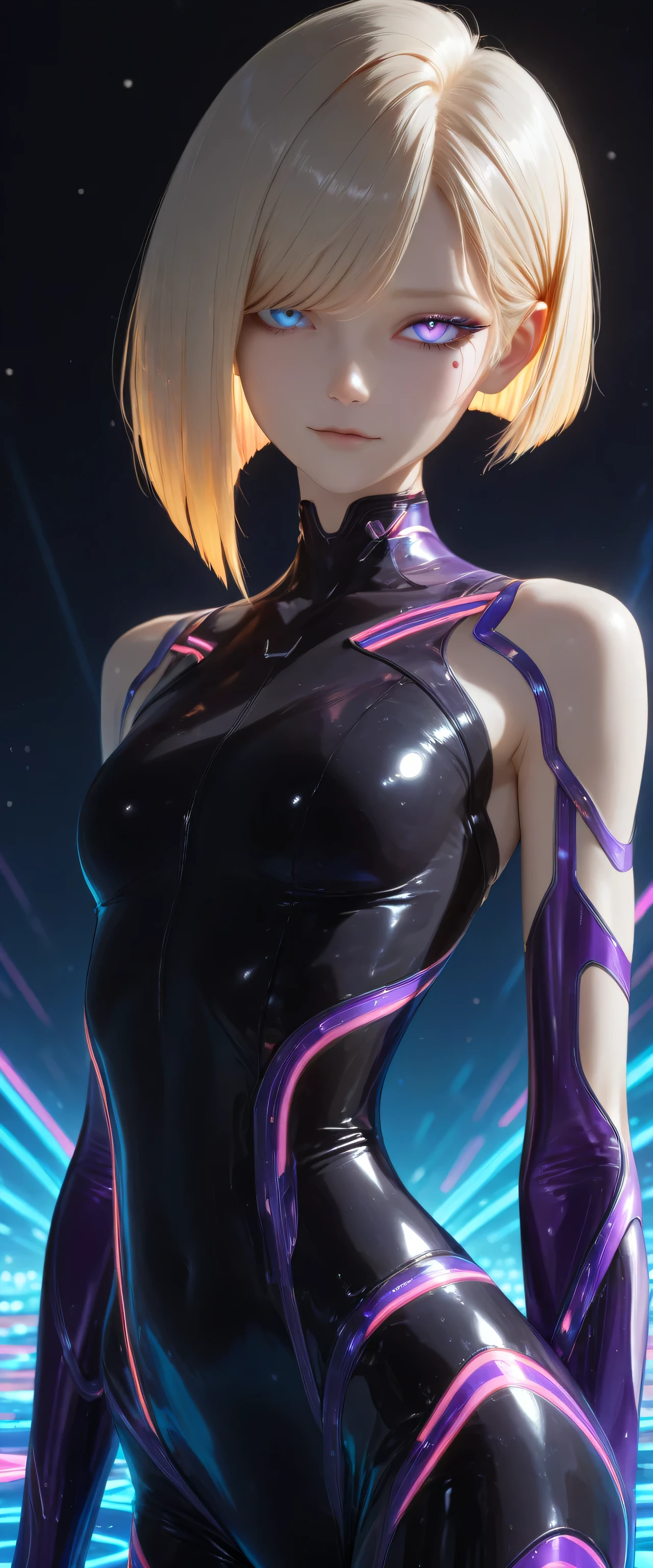  RAW digital art, ultra-realistic 3D render of a stunning woman resembling a futuristic cyberpunk protagonist, ((young woman)), ((highly detailed face:1.3)), ((perfectly proportioned oval face, delicate feminine yet androgynous features:1.3)), ((skinny, slim athletic build, narrow shoulders and waist:1.3)), (( yet cold gaze)), (striking ice-blue eyes, long dark eyelashes, expressive eyes with subtle catchlights and reflections, pale porcelain skin with cool undertones, subtle beauty mark on left cheek)), ((large  full  under tight clothing:1.3)), ((smooth yet detailed hair strands, very short platinum-blonde asymmetrical bob with side-swept bangs partially covering one eye, silky metallic sheen:1.35)), soft dramatic rim lighting with strong cool blue key light from front-left, glowing hair edges, cinematic cyberpunk color grading with dominant cool blues and high contrast, ((wearing a black tight suit in the style of the Tron movies, purple stripes on the suit, neon stripes, future, and reflective fabric:1.45)), minimal clean background with soft blue gradient and subtle lens flare, close-up portrait from  up, background softly blurred, (8K resolution, intricate textures, razor-sharp focus on eyes and face)
