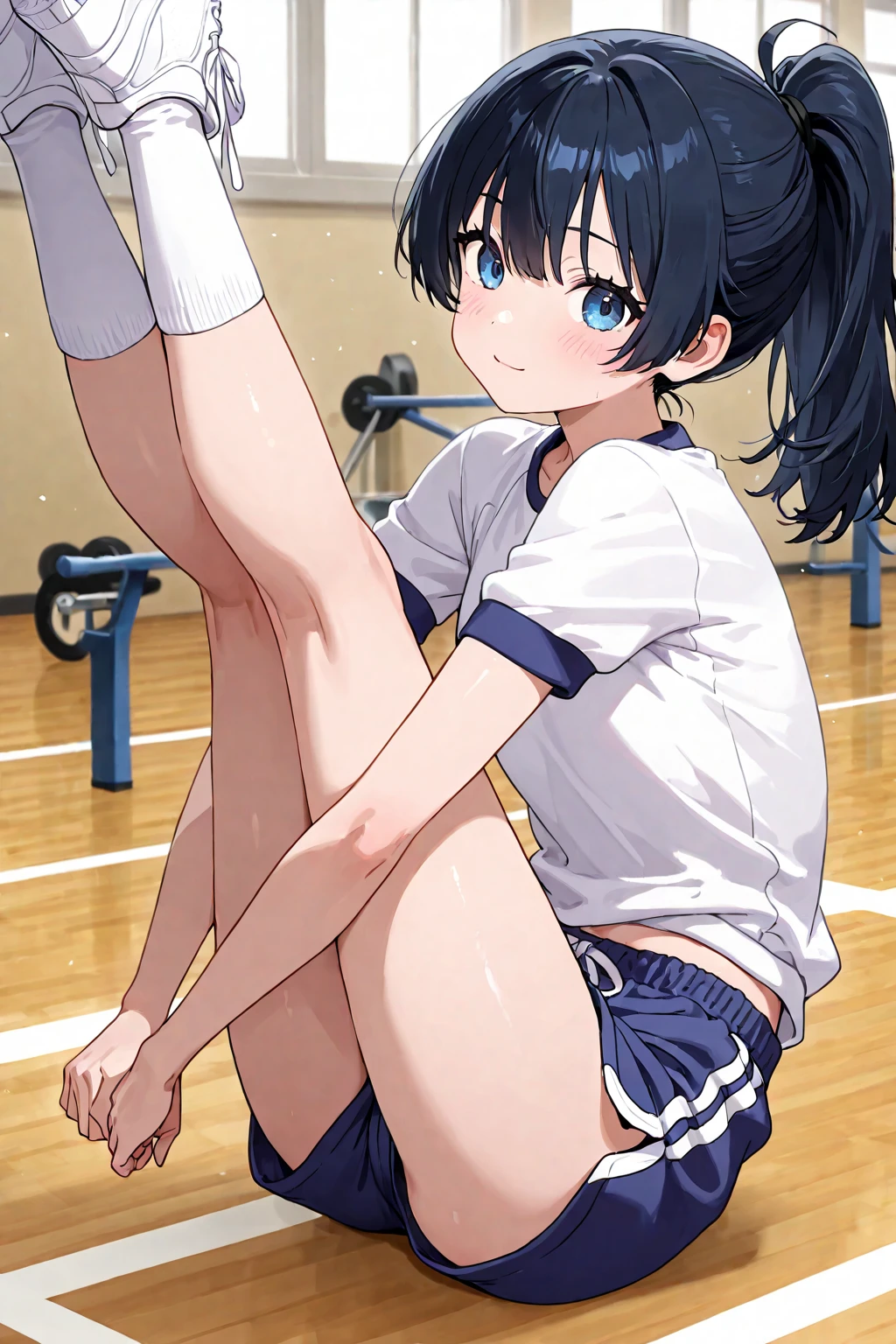 (master piece, high quality)、Anime girl sitting cross-legged on the floor, anime girl squatting, Beautiful anime girl squatting,  seductive anime girl, Also, a-1 photo, Smooth anime CG art, kneel down!!, anime moe art style, [ 4k digital art ]!!, Gym suit、navy color bloomers, black hair、shortcut、gymnasium warehouse、young face、baby face、(spread your legs)、Anime girl in blue bloomers lying cross-legged on the floor, seductive anime girl, Beautiful anime girl squatting, strongest pose, naughty anime style, anime girl squatting, surreal