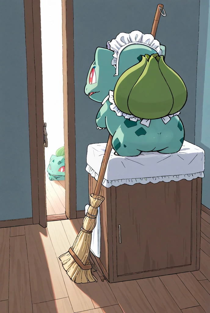 score_9,score_8_up,score_7_up,score_6_up,score_5_up,score_4_up, 1girl, solo, no humans, Pokemon (creature), bald, red flower, hair flower, skirt, sitting, indoors, toilet, sitting, toilet use, bathroom, phone, holding, holding phone, looking at phone, looking down