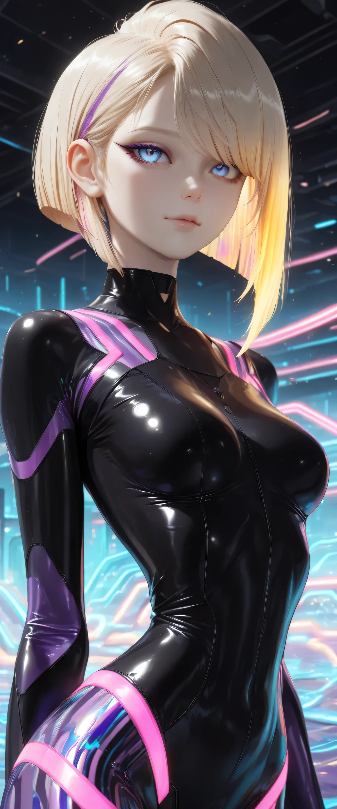  RAW digital art, ultra-realistic 3D render of a stunning woman resembling a futuristic cyberpunk protagonist, ((young woman)), ((highly detailed face:1.3)), ((perfectly proportioned oval face, delicate feminine yet androgynous features:1.3)), ((skinny, slim athletic build, short torso, very narrow waist, hour glass figure:1.3)), (( yet cold gaze)), (striking ice-blue eyes, long dark eyelashes, expressive eyes with subtle catchlights and reflections, pale porcelain skin with cool undertones, subtle beauty mark on left cheek)), ((large  full  under tight clothing:1.3)), ((smooth yet detailed hair strands, very short platinum-blonde asymmetrical bob with side-swept bangs partially covering one eye, silky metallic sheen:1.35)), soft dramatic rim lighting with strong cool blue key light from front-left, glowing hair edges, cinematic cyberpunk color grading with dominant cool blues and high contrast, ((wearing a black tight suit in the style of the Tron movies, purple stripes on the suit, neon stripes, future, and reflective fabric:1.45)), minimal clean background with soft blue gradient and subtle lens flare, close-up portrait from  up, background softly blurred, (8K resolution, intricate textures, razor-sharp focus on eyes and face)