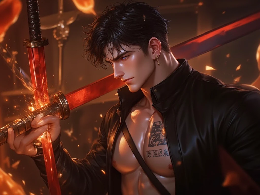 a man with black mullet hair cut and bright red eyes, staring full of anger, the man was wearing a necklace and earrings