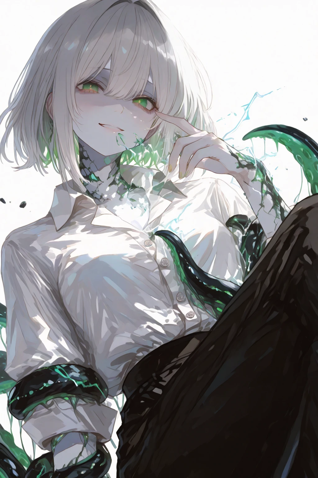 Generate an anime-style illustration of a teenage male character with the appearance of a Gorgon. He should have pale skin, sharp  features, and a monstrous look, with green scales covering parts of his face and body. His hair should be made entirely of slender, elegant white snakes with subtle green highlights, all oozing a green liquid aura. The snakes should have piercing red eyes. The character should be wearing a white trench coat hoodie with accents of green, creating a harmonious green and white color theme. He should have a sinister grin on his face. Please ensure that the overall aesthetic remains true to traditional anime art style