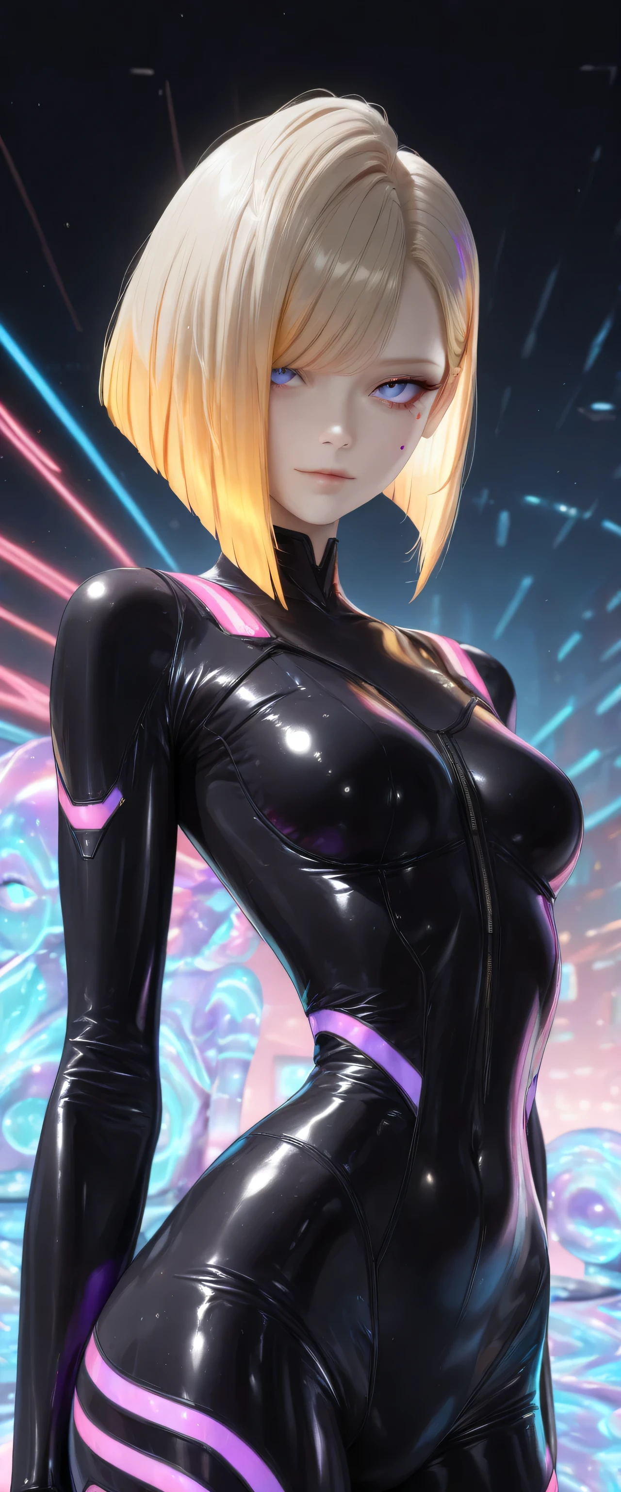  RAW digital art, ultra-realistic 3D render of a stunning woman resembling a futuristic cyberpunk protagonist, ((young woman)), ((highly detailed face:1.3)), ((perfectly proportioned oval face, delicate feminine yet androgynous features:1.3)), ((skinny, slim athletic build, short torso, very narrow waist, hour glass figure:1.3)), (( yet cold gaze)), (striking ice-blue eyes, long dark eyelashes, expressive eyes with subtle catchlights and reflections, pale porcelain skin with cool undertones, subtle beauty mark on left cheek)), ((large  full  under tight clothing:1.3)), ((smooth yet detailed hair strands, very short platinum-blonde asymmetrical bob with side-swept bangs partially covering one eye, silky metallic sheen:1.35)), soft dramatic rim lighting with strong cool blue key light from front-left, glowing hair edges, cinematic cyberpunk color grading with dominant cool blues and high contrast, ((wearing a black tight suit in the style of the Tron movies, purple stripes on the suit, neon stripes, future, and reflective fabric:1.45)), standing with arms crossed loosely over her , head tilted slightly, expression calm and thoughtful, minimal clean background with soft blue gradient and subtle lens flare, close-up portrait from  up, background softly blurred, (8K resolution, intricate textures, razor-sharp focus on eyes and face)