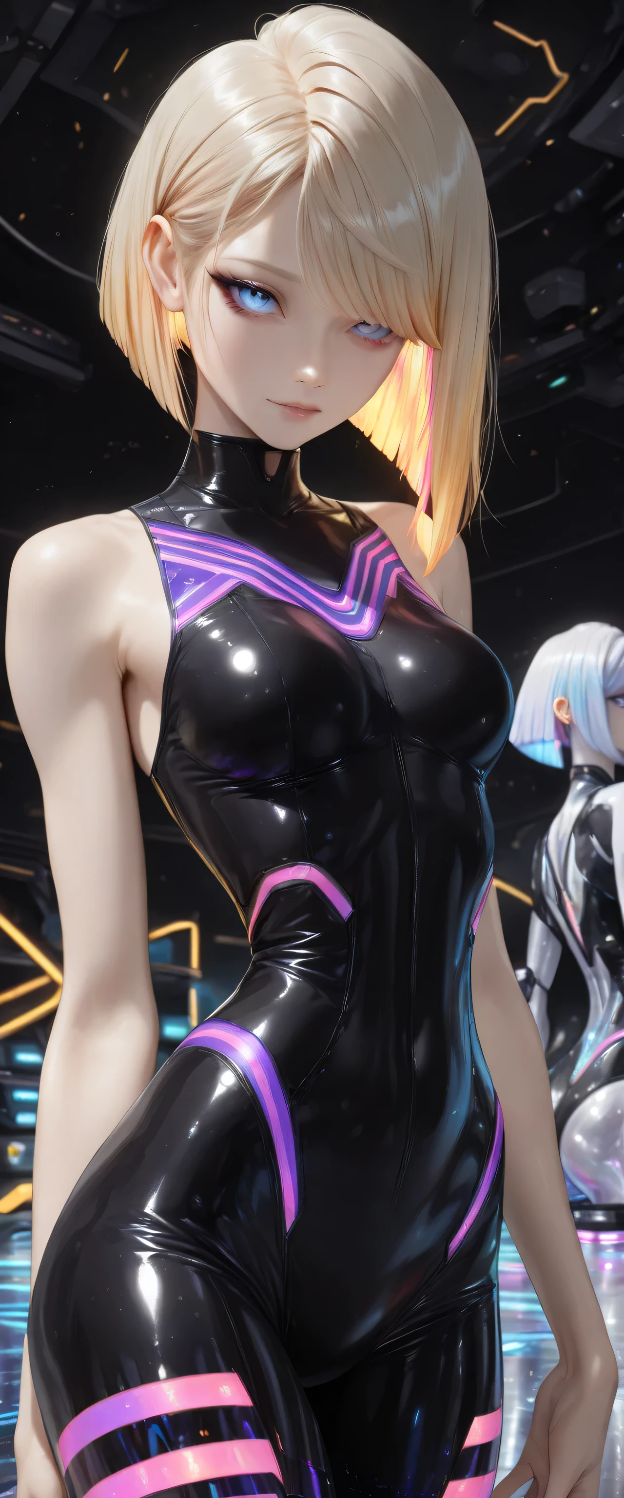  RAW digital art, ultra-realistic 3D render of a stunning woman resembling a futuristic cyberpunk protagonist, ((young woman)), ((highly detailed face:1.3)), ((perfectly proportioned oval face, delicate feminine yet androgynous features:1.3)), ((skinny, slim athletic build, short torso, very narrow waist, hour glass figure:1.3)), (( yet cold gaze)), (striking ice-blue eyes, long dark eyelashes, expressive eyes with subtle catchlights and reflections, pale porcelain skin with cool undertones, subtle beauty mark on left cheek)), ((large  full  under tight clothing:1.3)), ((smooth yet detailed hair strands, very short platinum-blonde asymmetrical bob with side-swept bangs partially covering one eye, silky metallic sheen:1.35)), soft dramatic rim lighting with strong cool blue key light from front-left, glowing hair edges, cinematic cyberpunk color grading with dominant cool blues and high contrast, ((wearing a black tight suit in the style of the Tron movies,  arms, purple stripes on the suit, neon stripes, future, and reflective fabric:1.45)), standing with arms crossed loosely over her , head tilted slightly, expression calm and thoughtful, minimal clean background with soft blue gradient and subtle lens flare, close-up portrait from  up, background softly blurred, (8K resolution, intricate textures, razor-sharp focus on eyes and face)