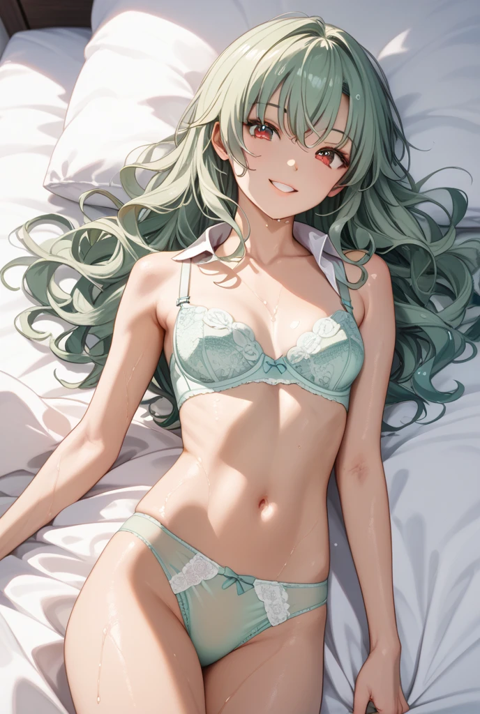 (Best Quality,High resolution,8K,finelity detailed background,Masterpiece:1.2),beautiful girl,Shiny green hair,messy hair,Green Eyes,Gentle look,A refreshing look,Best quality,Best Quality,Aesthetic and aesthetic:1.2,Best details((Super detailed))(High-definition CG illustrations),Sexy brown  (lite brown,intricate lace),Slender body,night,Moonlight,Bedroom,On the bed,smile,blush,cute,Scrounge,Looking up,Being spoiled,super model,lying