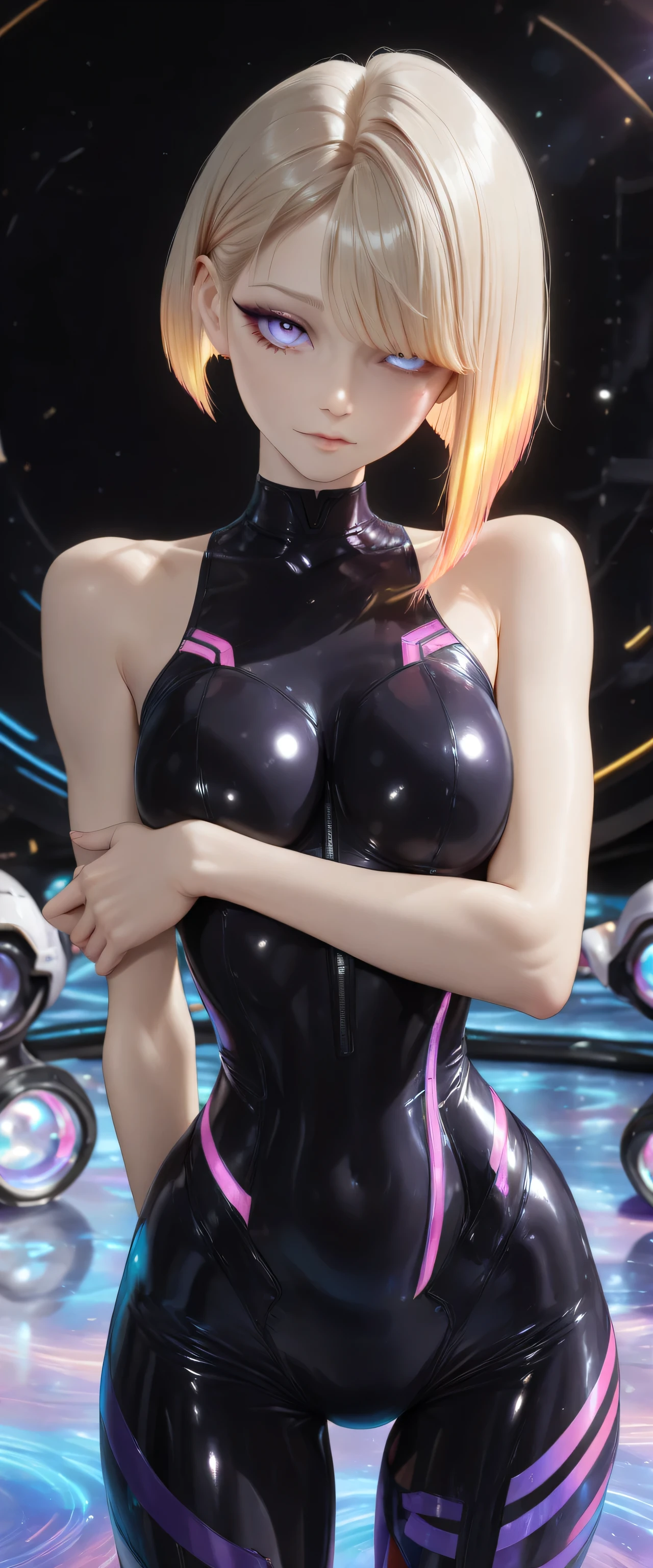  RAW digital art, ultra-realistic 3D render of a stunning woman resembling a futuristic cyberpunk protagonist, ((young woman)), ((highly detailed face:1.3)), ((perfectly proportioned oval face, delicate feminine yet androgynous features:1.3)), ((skinny, slim athletic build, short torso, very narrow waist, hour glass figure:1.3)), (( yet cold gaze)), (striking ice-blue eyes, long dark eyelashes, expressive eyes with subtle catchlights and reflections, pale porcelain skin with cool undertones, subtle beauty mark on left cheek)), ((large  full  under tight clothing:1.3)), ((smooth yet detailed hair strands, very short platinum-blonde asymmetrical bob with side-swept bangs partially covering one eye, silky metallic sheen:1.35)), soft dramatic rim lighting with strong cool blue key light from front-left, glowing hair edges, cinematic cyberpunk color grading with dominant cool blues and high contrast, ((wearing a black tight suit in the style of the Tron movies,  shoulders and hands, purple stripes on the suit, neon stripes, future, and reflective fabric:1.45)), standing with arms crossed loosely over her , head tilted slightly, expression calm and thoughtful, minimal clean background with soft blue gradient and subtle lens flare, close-up portrait from  up, background softly blurred, (8K resolution, intricate textures, razor-sharp focus on eyes and face)