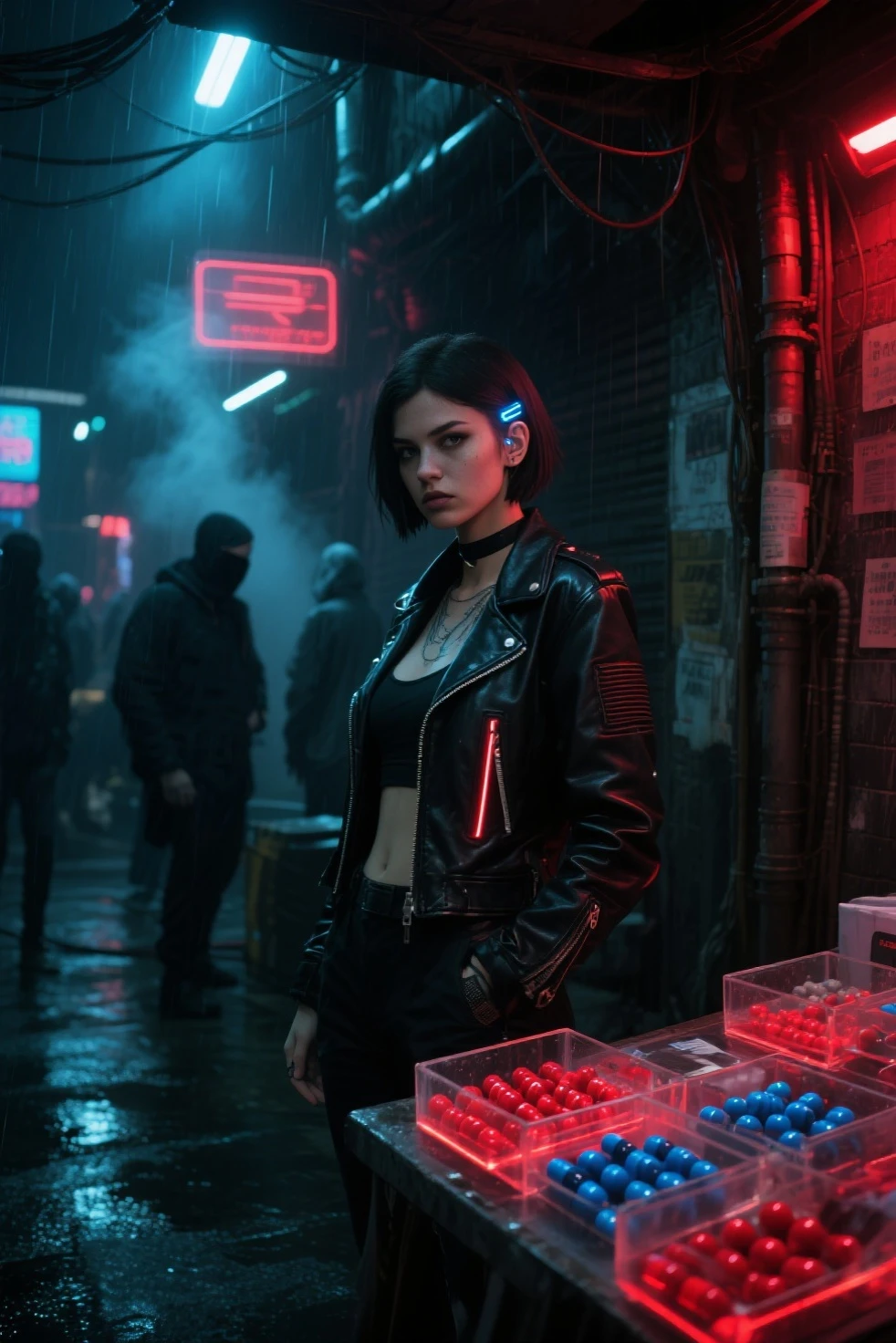 Close-up, a beautiful French woman, tattered clothes, wild long hair, tattered clothes , cleaveage, action movie scene, Dystopian Dinner Cinematic Blade Runner, natta, busy with neon signs, blade runner aesthetics, packed with people, film cinematography, gangue trash, attractive person, High emphasis on detail, wearing weather technology equipment, gangue trash, tattoo's, nightlife, full of life, gangue trash, action movie shot by Kon Satoshi, style semi impasto, dark ink, Atmospheric, Ablaze, lighting dramatic, Beautiful  eyes, symmetric eyes, perfects eyes