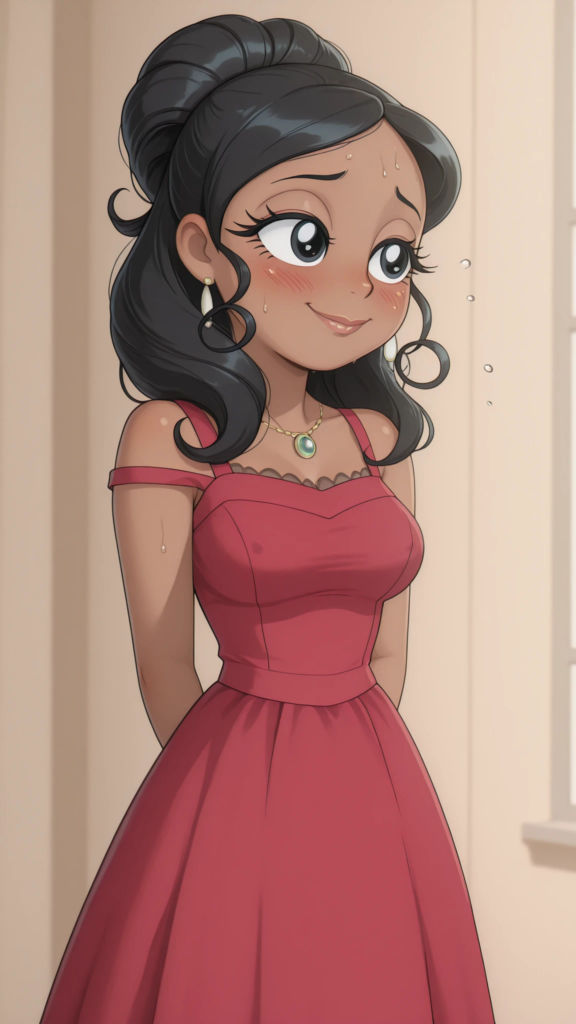 ultra-high resolution, 8k wallpaper, masterfully executed, mature woman with velvety dark skin of a flawless tone, luxurious long black hair with perfect shine elegantly frames an adult face, deep black eyes with long eyelashes radiate refined passion, an exquisite red dress with Hawaiian motifs is artistically lowered from one shoulder, aesthetically perfect intimate scene between adult partners, the face of a mature woman expresses sublime bliss, lips gracefully curved in a half-smile, hairy eyes give depth to the look, delicate blush on the cheekbones emphasizes the emotional state, the adult body gracefully moves at the perfect rhythm, hands elegantly rest on the partner's , drops of sweat like gems flicker on mature dark skin, an atmosphere of exquisite , artistic lighting creates dramatic contrasts