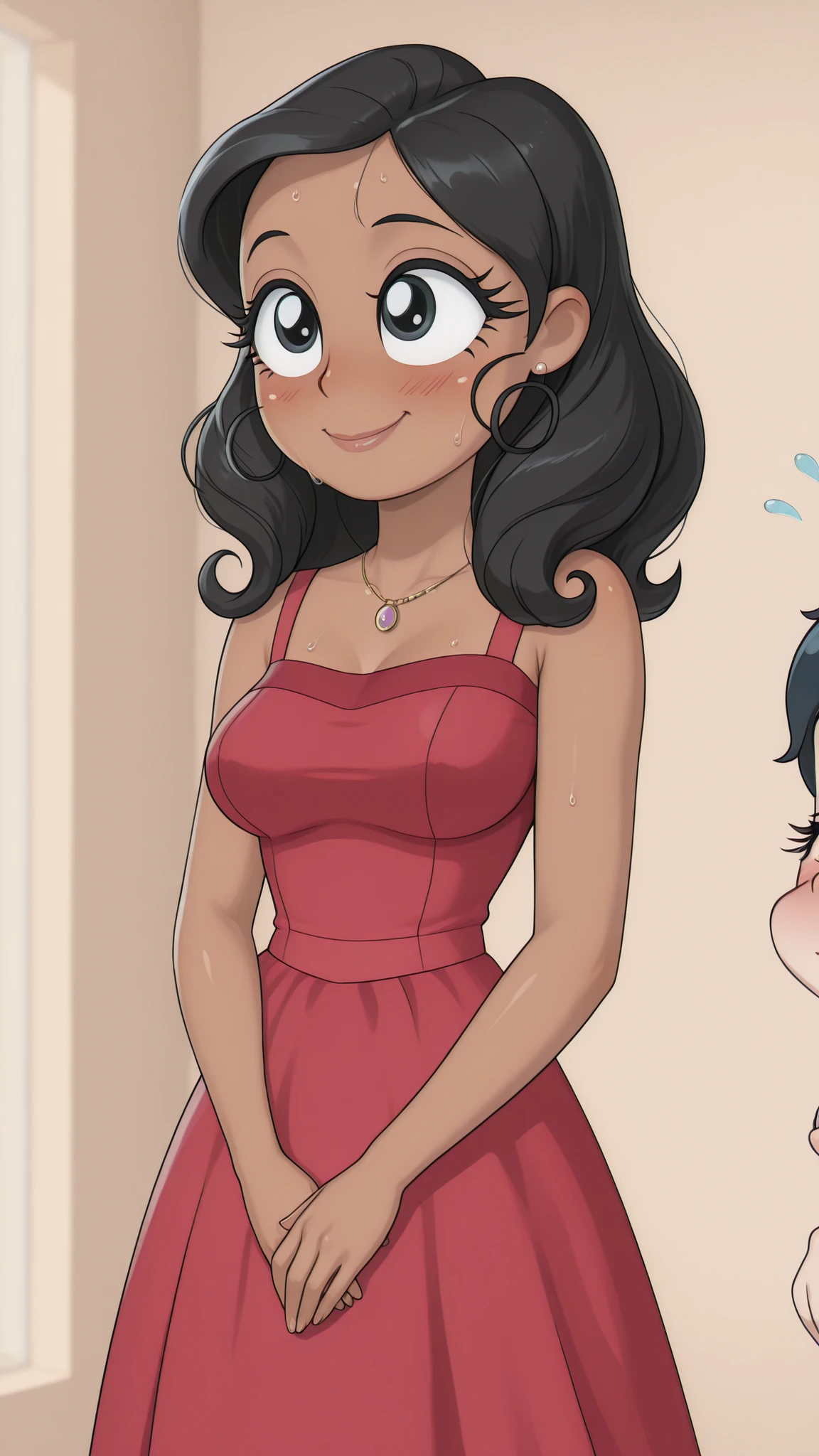 ultra-high resolution, 8k wallpaper, masterfully executed, mature woman with velvety dark skin of a flawless tone, luxurious long black hair with perfect shine elegantly frames an adult face, deep black eyes with long eyelashes radiate refined passion, an exquisite red dress with Hawaiian motifs is artistically lowered from one shoulder, aesthetically perfect intimate scene between adult partners, the face of a mature woman expresses sublime bliss, lips gracefully curved in a half-smile, hairy eyes give depth to the look, delicate blush on the cheekbones emphasizes the emotional state, the adult body gracefully moves at the perfect rhythm, hands elegantly rest on the partner's , drops of sweat like gems flicker on mature dark skin, an atmosphere of exquisite , artistic lighting creates dramatic contrasts