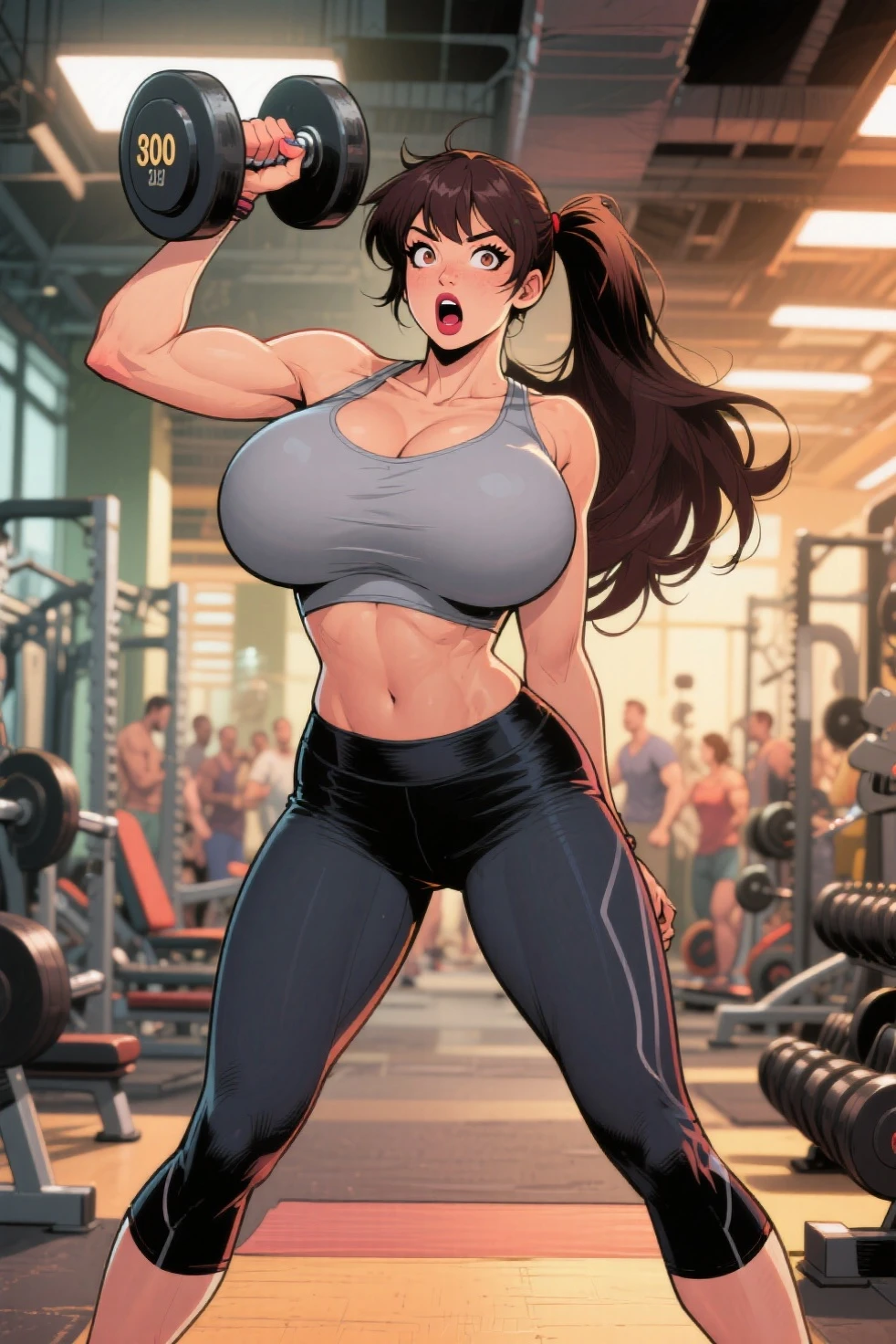 (masterpiece, top quality, best quality, official art, beautiful and aesthetic:1.2), (1girl:1.3), (gorgeous face), light freckles, fair skin, brown hair, extremely detailed, portrait, looking at viewer, solo, (full body:0.6), detailed background, close up, (airy modern theme:1.1), extremely busty gym girl, ponytail, big lips, arched back, charlatan, smirk, mysterious, stretching in the gym, sports , leggings, headphones, wet, workout gear, weight machines, windows, modern gym, well-lit, thin and toned physique, ((((gigantic breasts, cleavage, )))), slim waist, slim hips, long legs, modern (gym interior:1.1) background, dark mysterious lighting, shadows, magical atmosphere, dutch angle, ((((huge muscles))))