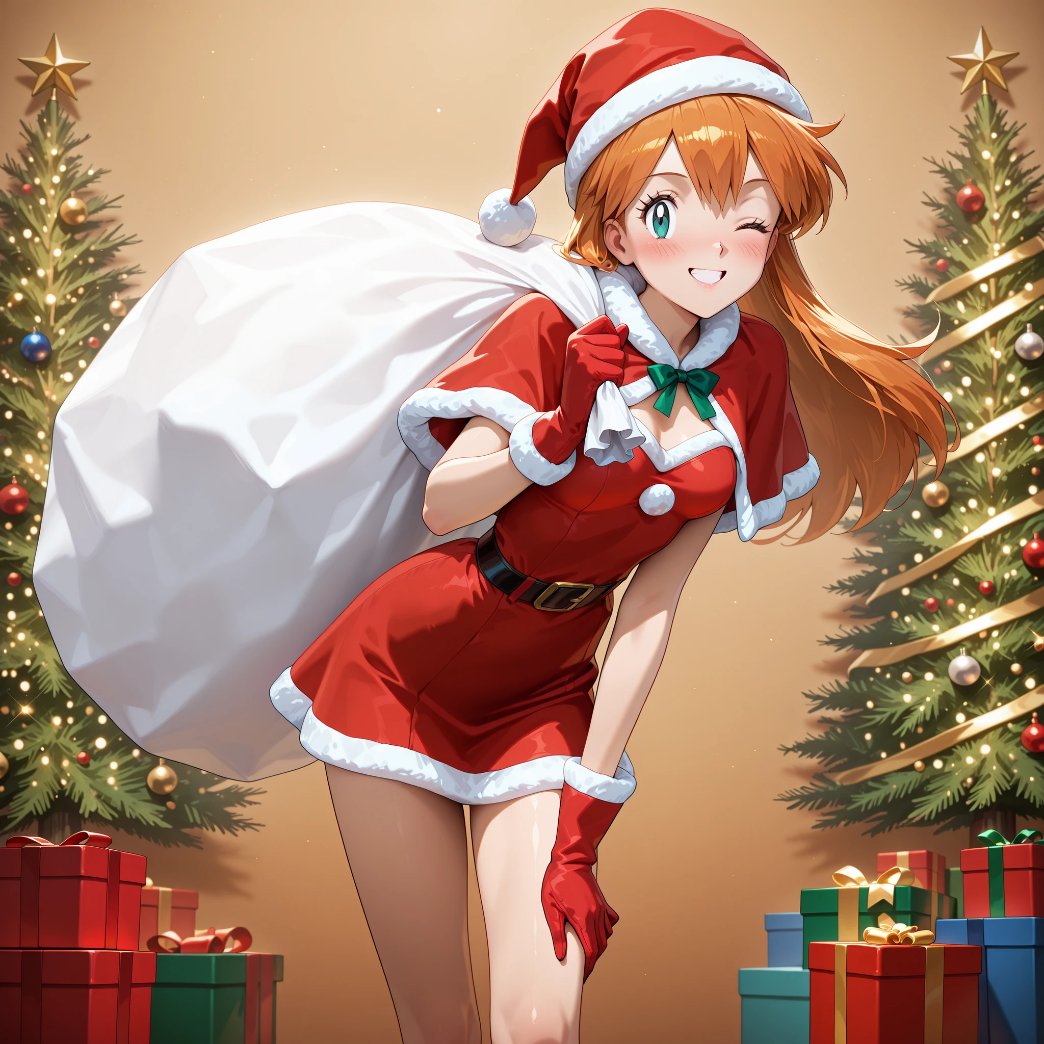 masterpiece, amazing quality, best quality, ultra-detailed, 8K, illustration, clear skin, ultra-detailed-eyes, soft skin, very awa, very as2, soft body, 1990s \(style\), official art, misty \(pokemon\), skinny, long hair, small , santa costume, santa hat, christmas, sack, merry christmas, gift, fur-trimmed headwear, holding sack, santa dress, fur-trimmed dress, christmas tree, christmas tree, fur trim, red capelet, gift box, red gloves, fur-trimmed capelet, santa gloves, red hat, hat, solo, looking at viewer, blush, smile, standing, one eye closed, grin, leaning forward, v over eye,, abashed, open mouth,