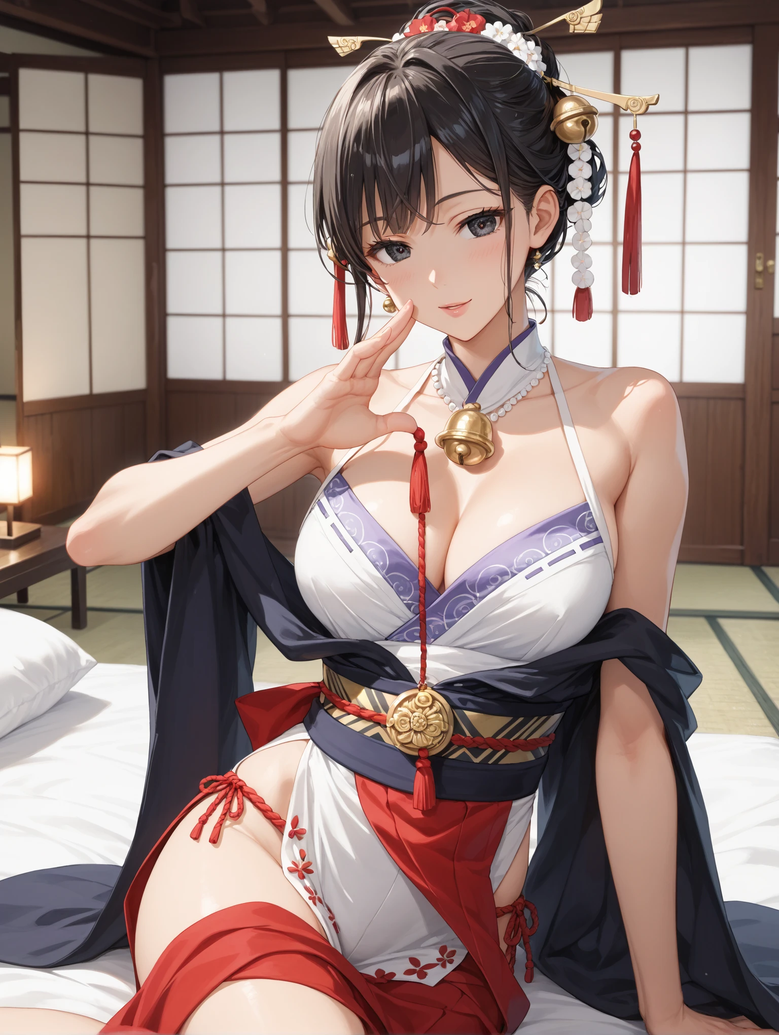 (Photorealistic:1.8, Highest quality:1.8,8K masterpiece:1.8,High resolution,Mastepiece:AW Photos,Cinematic lighting)、1  Woman、Prone、Turn around、Top view angle、
(Japanese Kimono、A super mini kimono with a beautiful and cute orchid-style floral pattern:1.5、choker)、Breast Rope、Thigh rope、(Shoulders :1.3)、 thighs、Beautiful fair skin、barefoot、Black Pink Jenny's pause、Random Pause