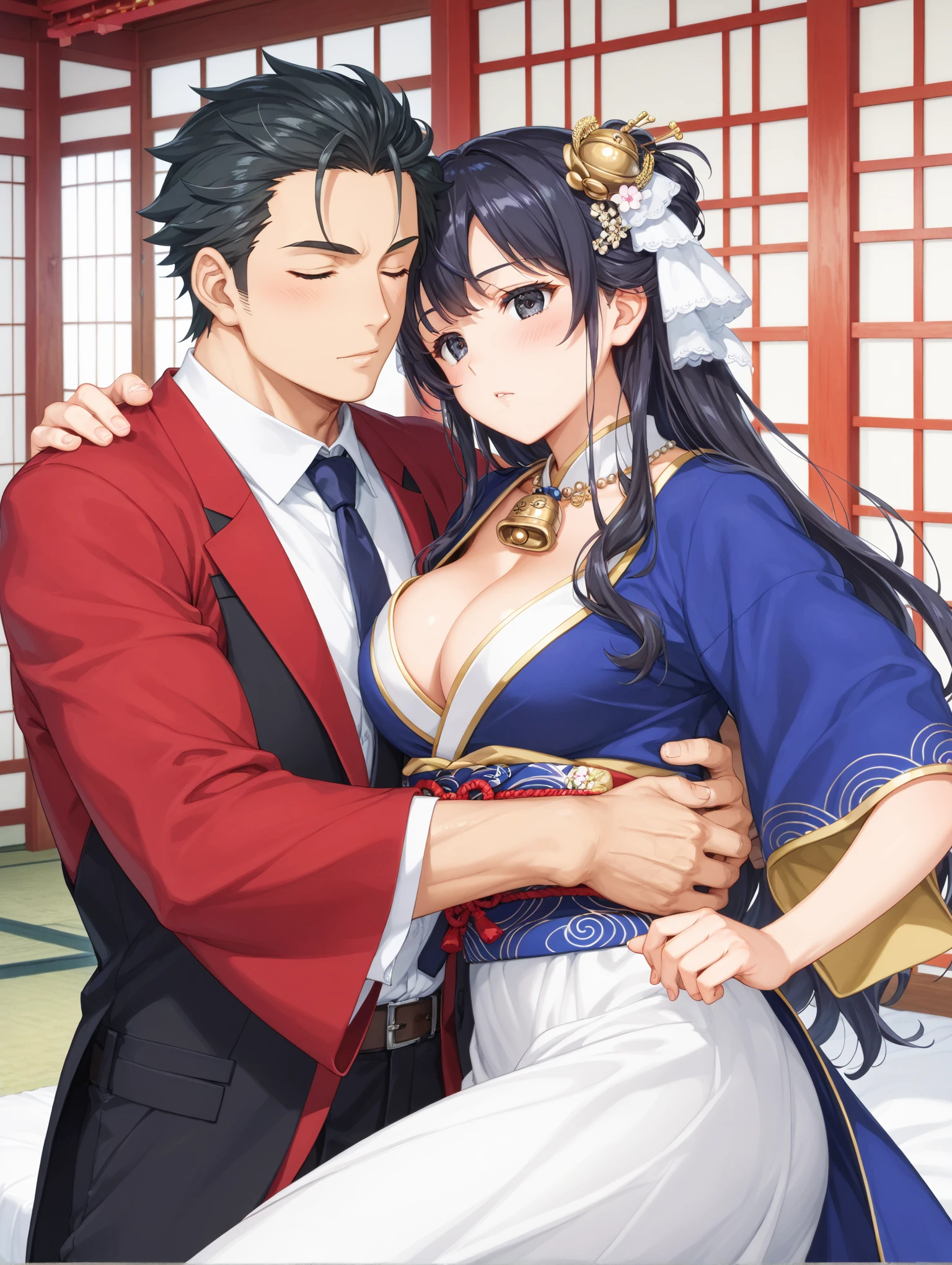 Hot sexy beautiful one  princess  with hugging ugly fat old man,   long sparkling chandelier earrings,big breasts, ,black hair ,blush,blue eyes,red lipstick, chandelier jewelry,makeup, ornament, chandelier necklace,waist chain, rings,bangles,hair flower brochure,hair pins,hair chain, royal palaces and grand architecture, Traditional Indian sari, elegant draping style, intricate floral motifs, handwoven silk material, embellished with sequins and beads, sparkling gemstones and gold accents, artistic rendering of Indian culture, traditional jewelry and accessories, indian traditional wedding saree, crown , 