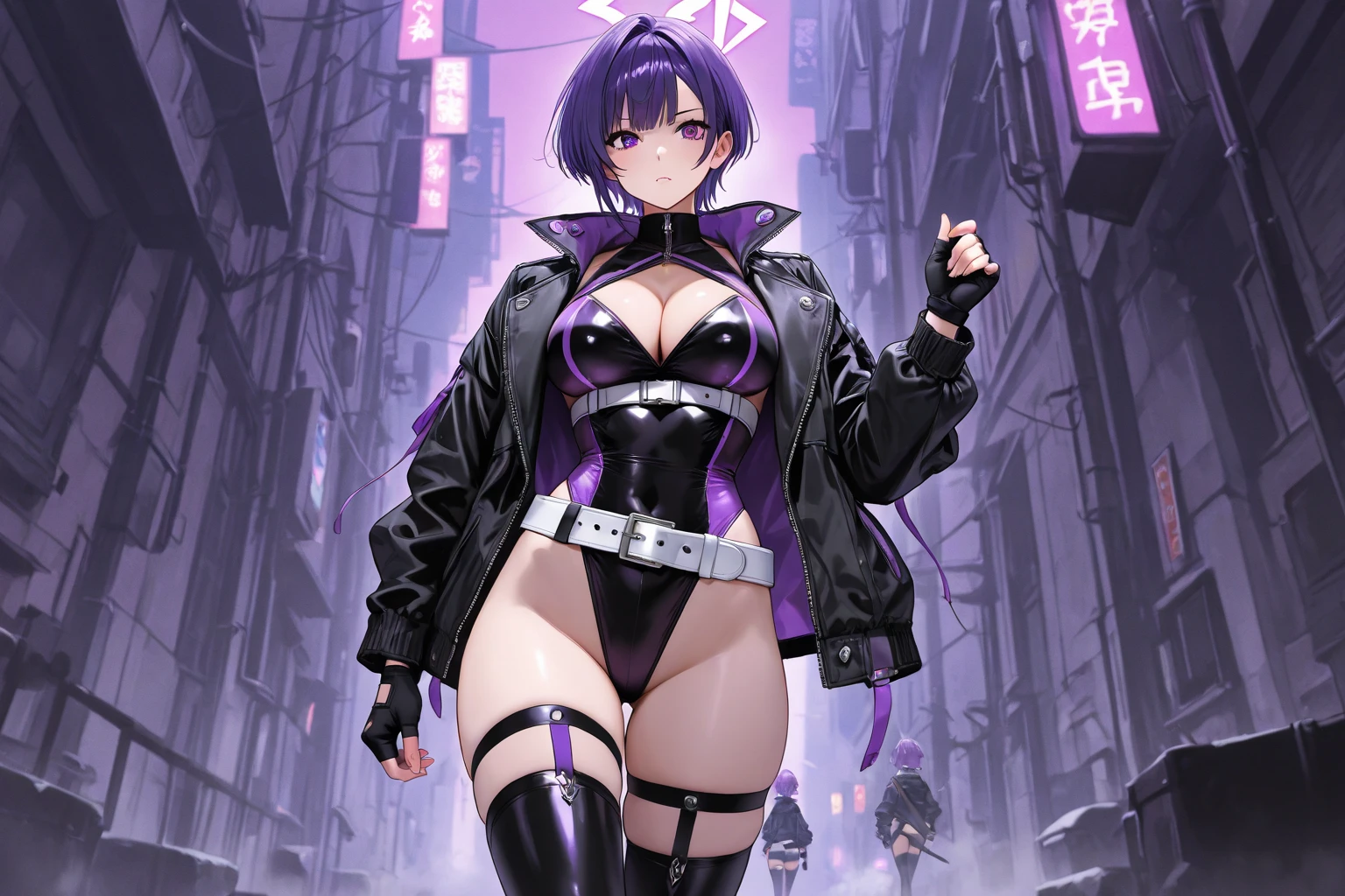 cyber punk City, (gradation hair, Dutch angle:1.3), film grains, Color Aberration, jiji, 巨作, Top  Quality, Raw foto, photorealestic, absurdist, 1girls, a Pretty, Near and far law, cow-boy shot, highly resolution, ultra detaild, Detailed eyes and face, Sharp pupils, Realistic pupils, sharp-focus, xia, night,Silver and black hair、short-hair、Giant tits、A sexy、bare shoulder、Mesh tiles、