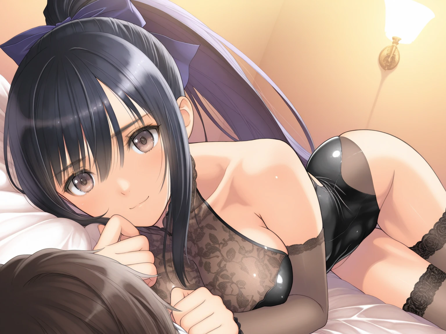 masutepiece, Detailed, Best Quality, Beautiful Girl, , stock, Troubled face, black hair sexy girl 1girl in, albedo from overlord character, sexy female, Blunt bangs, Big breasts, Amused expression, Looking at Viewer, big butt, mature body, very big tits, , small , cute pose, big butt, full body picture, yellow eyes, , hard , fully , a little big . , lie in a bed, cute poses, riding 