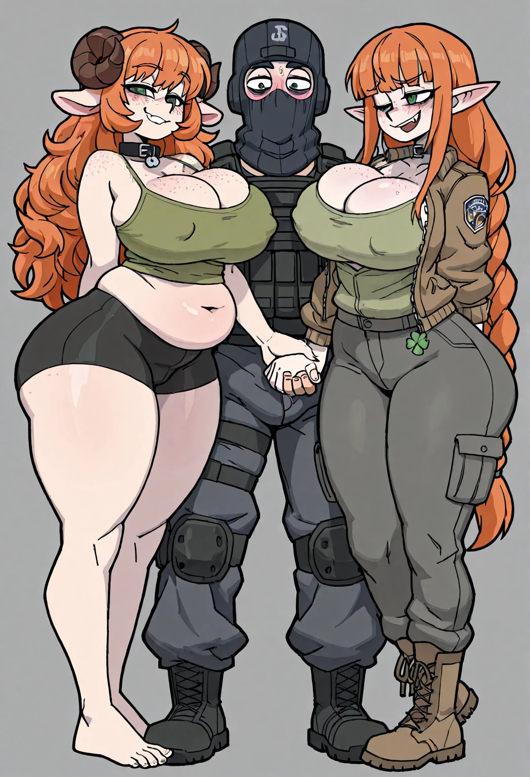 A Soviet military girl, tall, , good, big , friendly, happy, long red hair, smooth, her gray eye, pink lip, she dresses in a green metallic top, a black patch, her , her waist, a yellow ribbon, and her pants, metallic green, big thigh, sensual big yellow boot, wearing a black Soviet winter cap, she is happy. hug his twins bad sister dark dictatorship villainous murderer