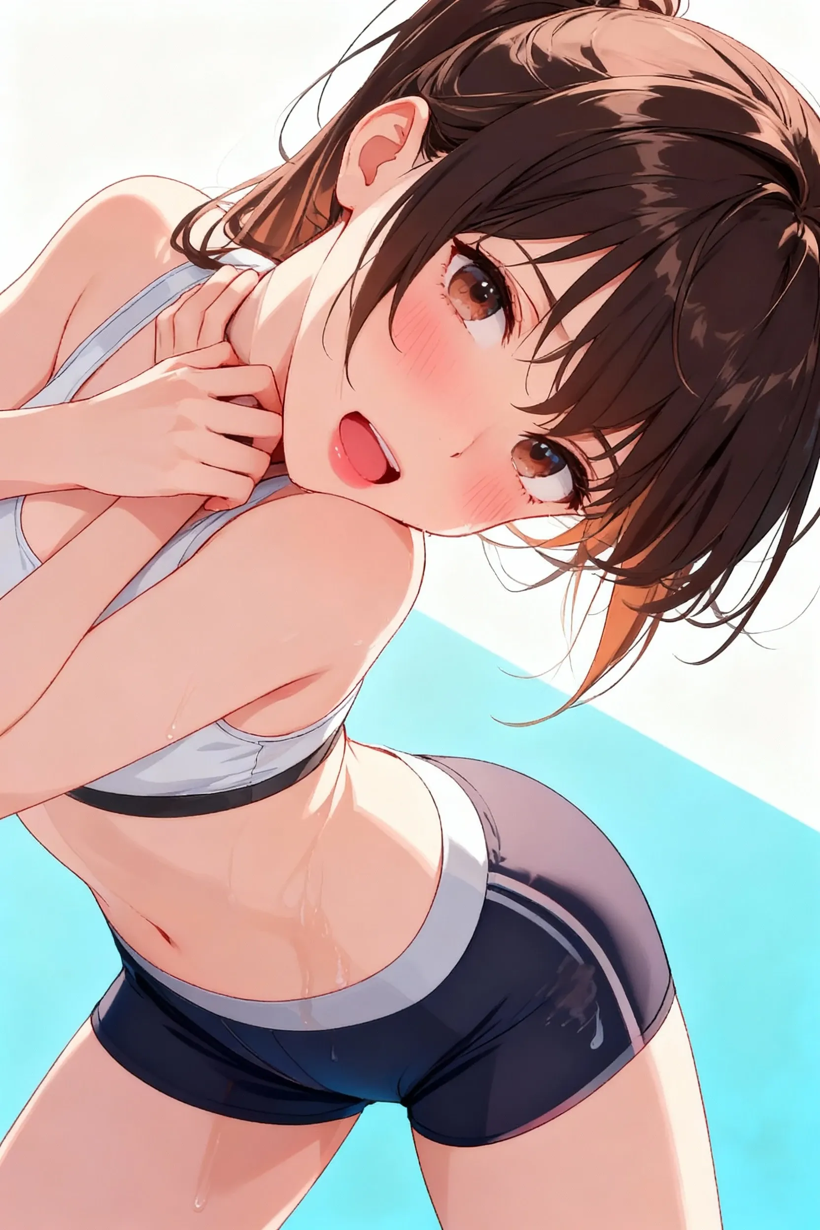 Anime screenshot,  girl, straight brown hair, butterfly hair clip, training bra and panties, pudgy belly, standing up, POV dangling the viewer over her mouth, nervous, huge tongue, flat , wide mouth, salivating tongue, blushing, leaning forward, hands on knees