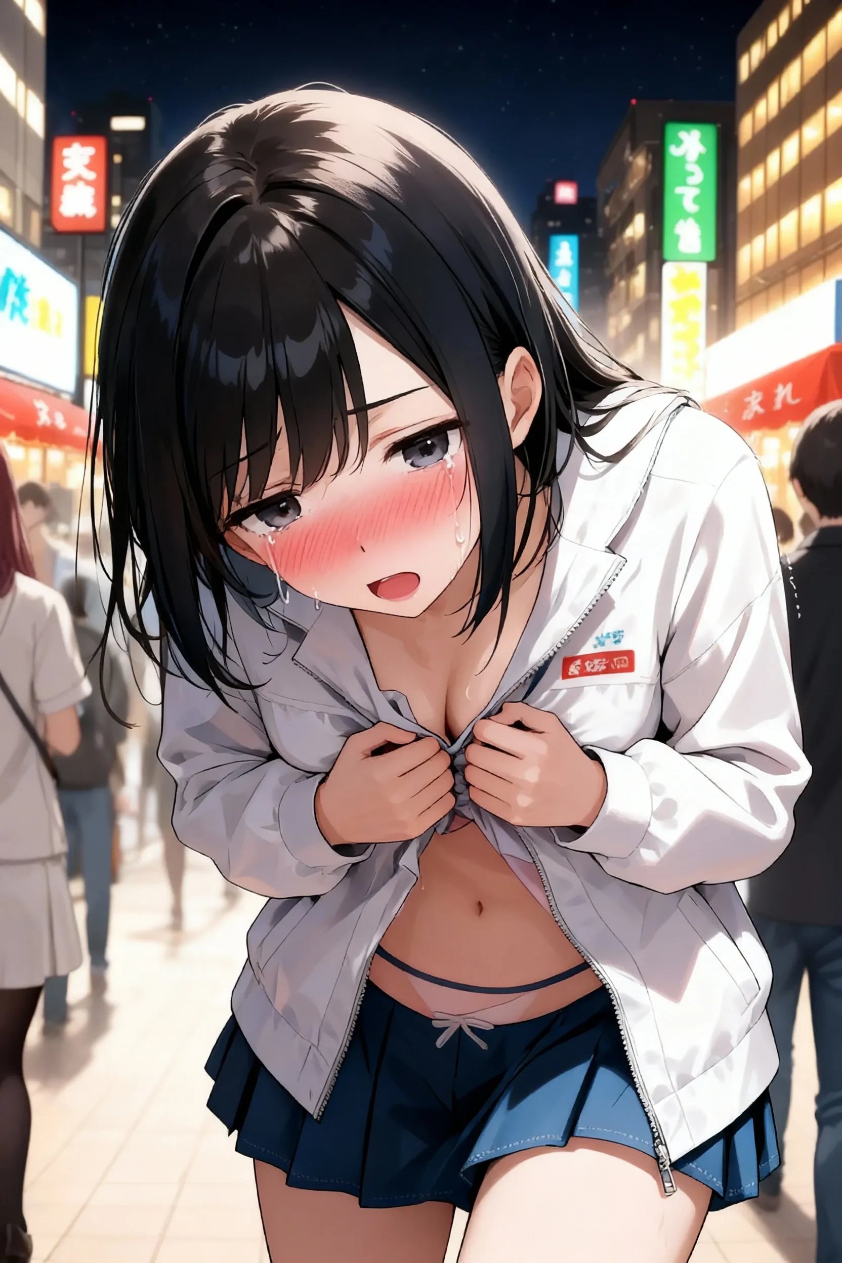 Walking down the street、There is a woman with headphones, ???????, ???????, navel, in a tokyo street, over the shoulder closeup, candid shot, Over - Shoulder - Shot, elbow, bareshoulders, collarbone, ​masterpiece, top-quality, high resolution, bluntbangs, red hairband, ??????????????⁩, skirt by the, cowboy shot, Indoors, is standing, black_hair, bangs, long_hair, blush, brown_eyes, blunt_bangs, ???????, two_side_up, smile, ribbon, ??????????????
