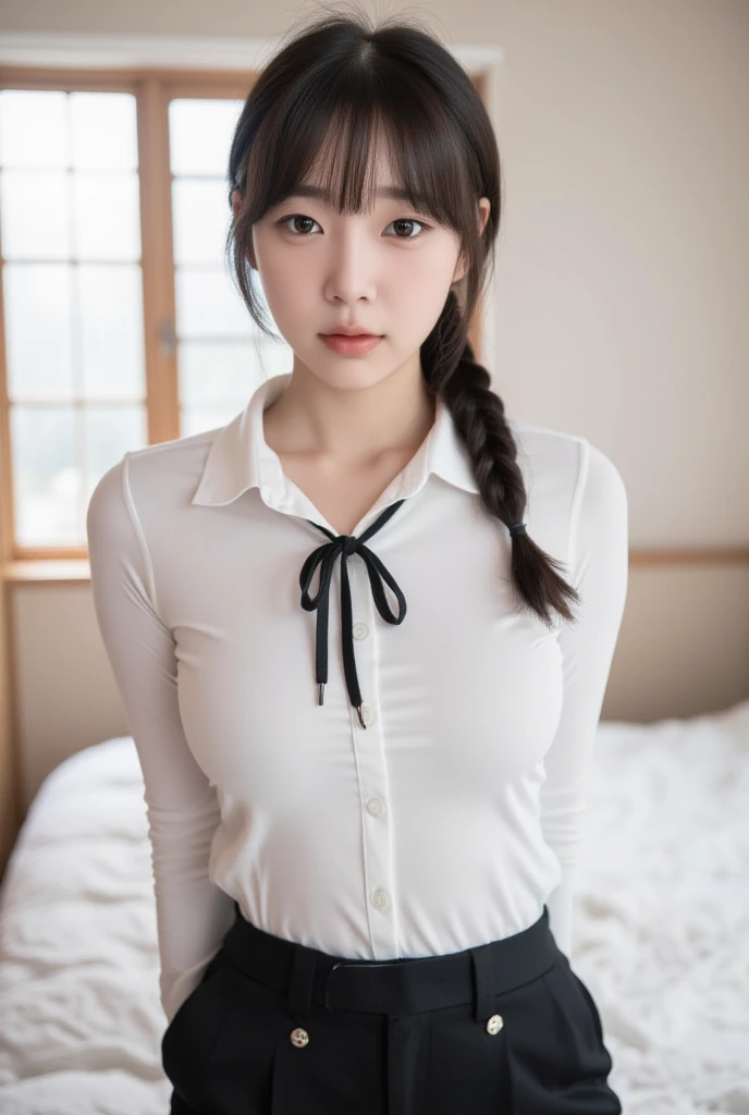 masterpiece, best quality, illustration, Super detailed, fine details, High resolution, 8K,wall paper, perfect dynamic composition,(Details High quality, realistic depiction of eyes:1.3), (nup, :1.2), (Polo shirt with collar), pleated skirt, white , shirt lift, large breasts, short hair, (wavy hair:1.2), black hair color, Big Natural Color Lip, bold sexy pose, crying a little、cold gaze, Harajuku style、20 year old girl、cute type、lolita、beautiful legs, hotel room, hposing Gravure Idol, woman on top, straddling, sitting)