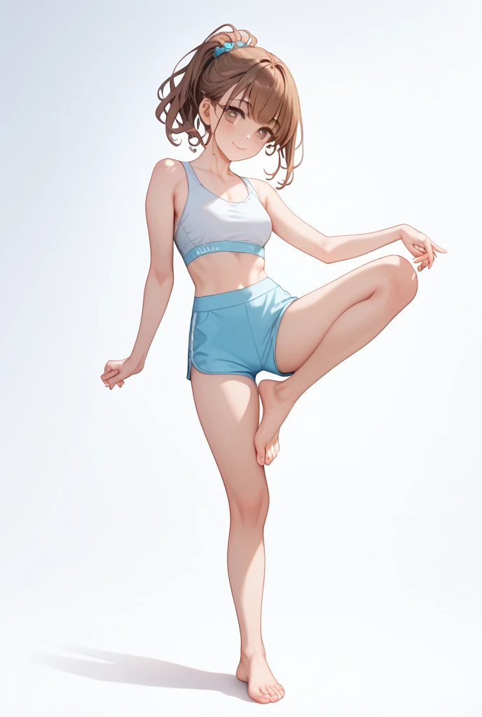 May 23(gold),A woman whose name is BIRDS'EYE,EXERCISE POSES ,Pose where one leg is raised and supported,bird's-eye view,delicate depiction down to the smallest detail, Fine finish ,And the gorgeous cinematic expression,has traditional decorations on the background,8k pixel,8K Rendering,