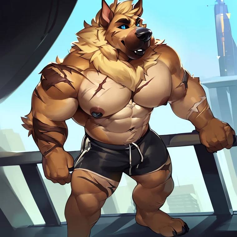 solo, 1boy, Huge Muscular Old Grizzly Bear wearing glasses , pectoral, huge pectoral, wide pectoral, short white hair, short pants, black wristbands, watch and shirtless and , bearded, Mustache, olympium background, masterpiece, high detailed, 8k, high resolution, running all over the tracks, training popping