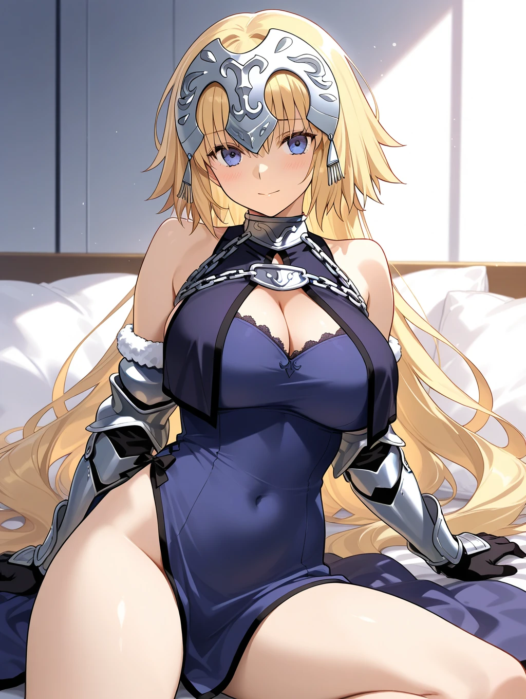 LeinaQuiron woman, , blush, blue eyes, blonde hair, , cleavage, braid, hairband, armor, twin braids, side braid, short hair with long locks, buckle, shield BREAK (masterpiece, best quality:1.3), 4k, ultra-detailed, trending in pixiv, detailed background, detailed eyes, BREAK (on bed:1.4), BREAK (pov, torso, on stomach, from side, looking at viewer, happy smile, blush, closed mouth:1.3), (contrast, light particles:1.2), (shiny skin:1.3)