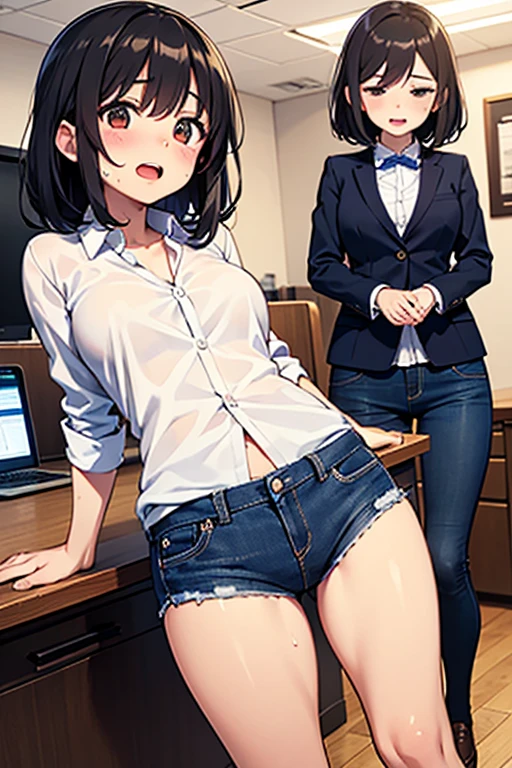 Girl long black hair blue eyes blush on face in PC gaming room Short pleated skirt long stockings cat hoodie great quality 8k very detailed image perfect  full body 