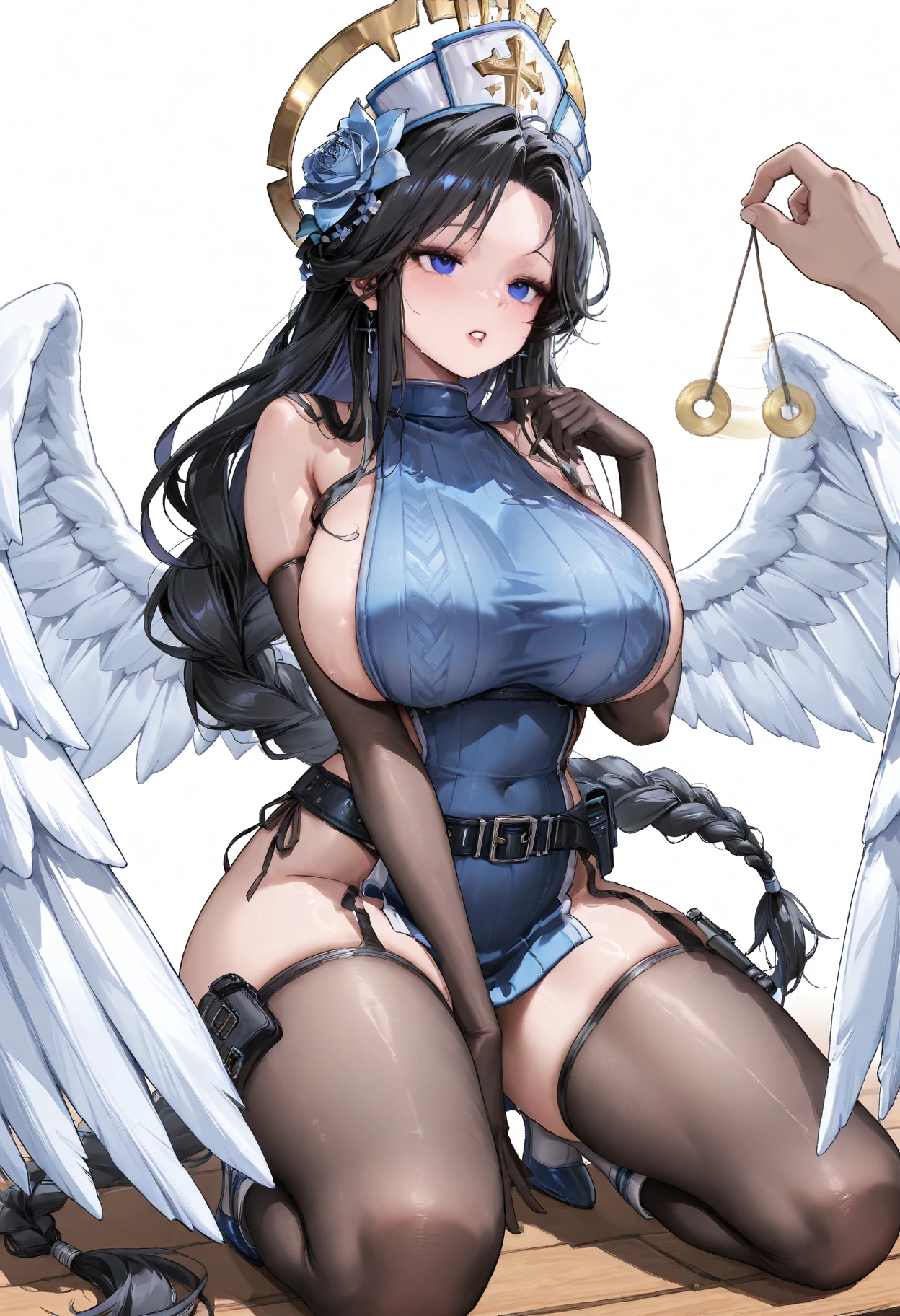 4k,hight resolution,One Woman,harpy,lightblue hair,Long ponytail,huge tit,large white wings,Orange claws,A queen,The Queen's Tiara,Black high-leg pants,Black bra,jewel decorations,in woods