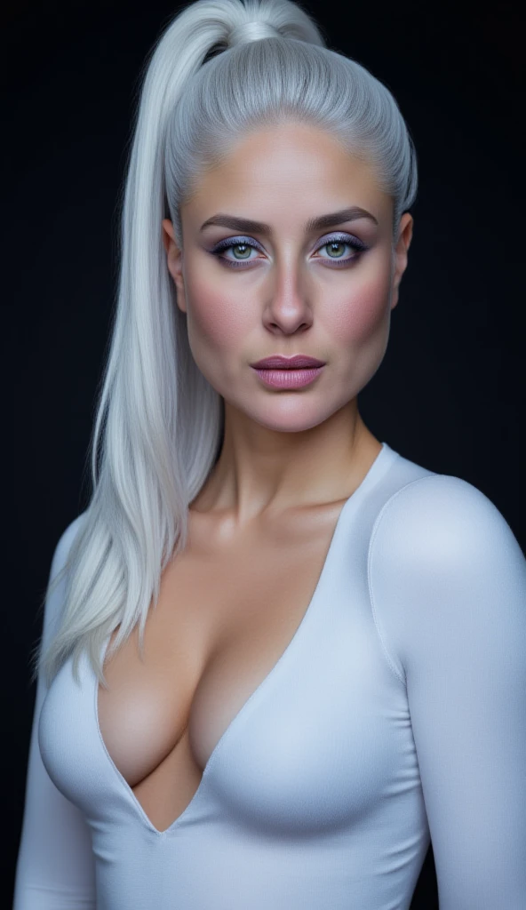 facade a woman aged 23 to 30, brunette with white hair, wearing a square hairstyle with a strong style fitness photo