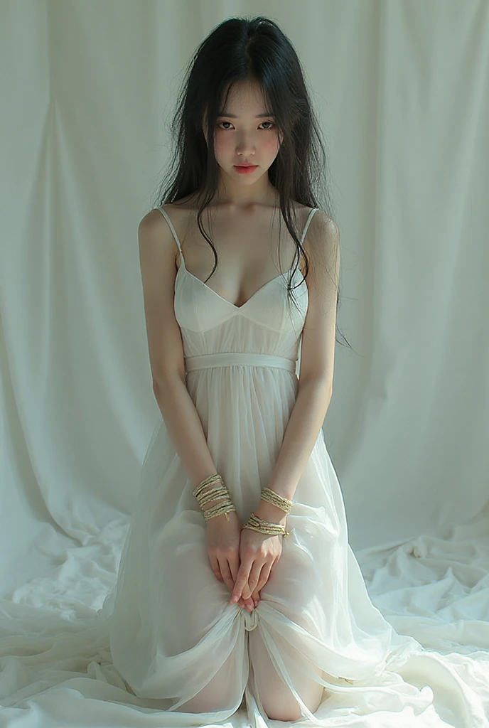 There is a woman sitting in a chair with a flower in her hand, vestido sedoso bonito, vestido de seda, vestido de seda suave, vestido sedoso macio bonito, usando deslumbrante vestido de marfim, roupa branca de seda, linda mulher coreana jovem, Jinyoung Canela, Modelo de moda feminina coreana, Ulzzang, Heonhwa Choe, mulher coreana jovem bonita, Mulher sul-coreana bonita