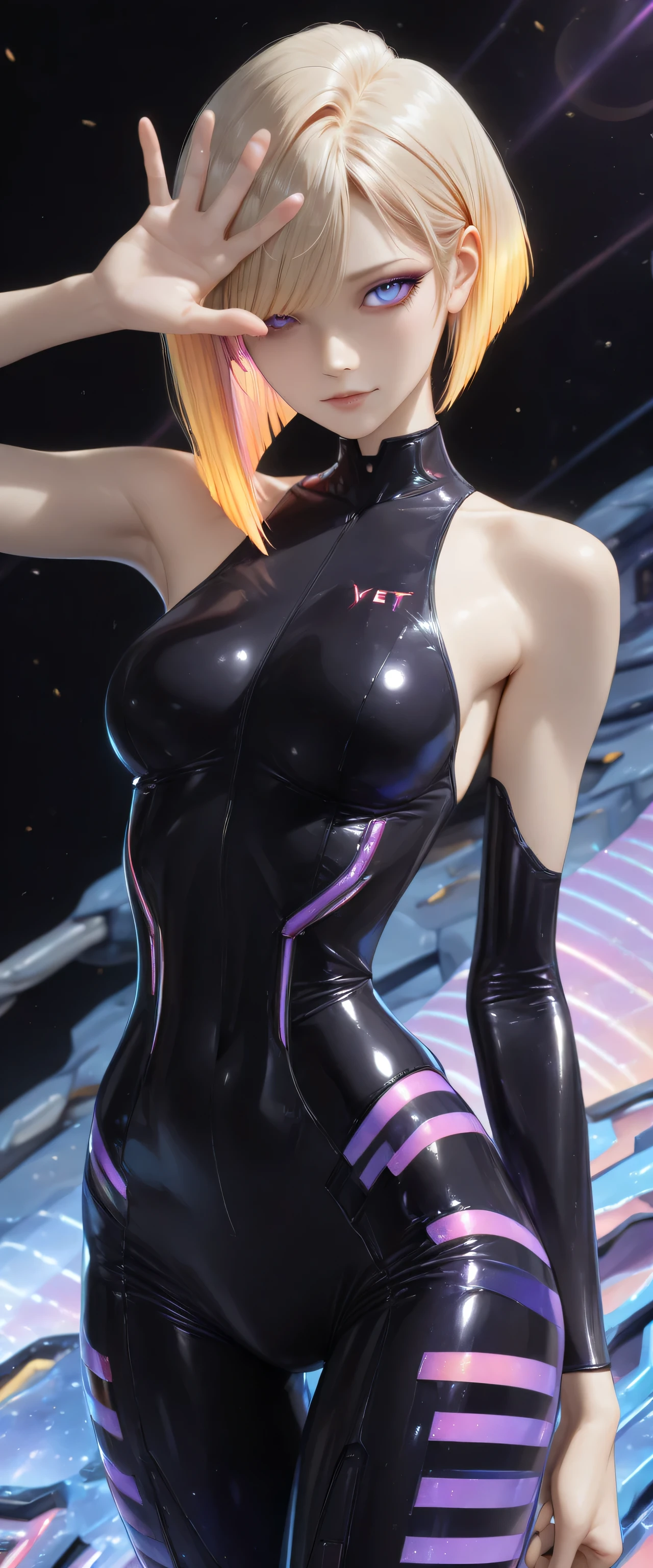 RAW digital art, ultra-realistic 3D render of a stunning woman resembling a futuristic cyberpunk protagonist, ((young woman)), ((highly detailed face:1.3)), ((perfectly proportioned oval face, delicate feminine yet androgynous features:1.3)), ((skinny, slim athletic build, short torso, very narrow waist, hour glass figure:1.3)), (( yet cold gaze)), (striking ice-blue eyes, long dark eyelashes, expressive eyes with subtle catchlights and reflections, pale porcelain skin with cool undertones, subtle beauty mark on left cheek)), ((large full under tight clothing:1.3)), ((smooth yet detailed hair strands, very short platinum-blonde asymmetrical bob with side-swept bangs partially covering one eye, silky metallic sheen:1.35)), soft dramatic rim lighting with strong cool blue key light from front-left, glowing hair edges, cinematic cyberpunk color grading with dominant cool blues and high contrast, ((wearing a black tight suit in the style of the Tron movies, shoulders, vertical purple stripes on the suit, neon stripes, future, and reflective fabric:1.45)), standing with one arm raised slightly as if waving, her body turned slightly to the side, her stance open and friendly, minimal clean background with soft blue gradient and subtle lens flare, close-up portrait from up, background softly blurred, (8K resolution, intricate textures, razor-sharp focus on eyes and face)