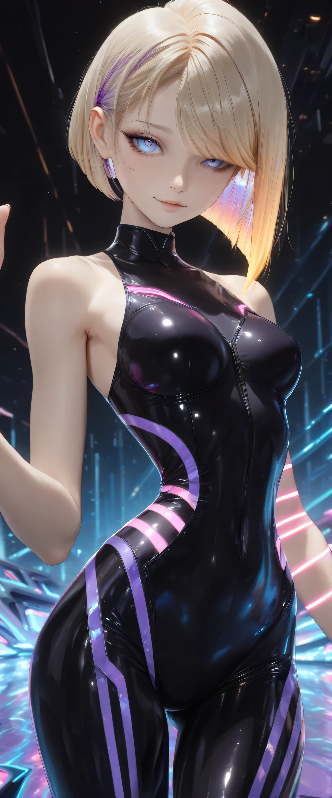 RAW digital art, ultra-realistic 3D render of a stunning woman resembling a futuristic cyberpunk protagonist, ((young woman)), ((highly detailed face:1.3)), ((perfectly proportioned oval face, delicate feminine yet androgynous features:1.3)), ((skinny, slim athletic build, short torso, very narrow waist, hour glass figure:1.3)), (( yet cold gaze)), (striking ice-blue eyes, long dark eyelashes, expressive eyes with subtle catchlights and reflections, pale porcelain skin with cool undertones, subtle beauty mark on left cheek)), ((large  full  under tight clothing:1.3)), ((smooth yet detailed hair strands, very short platinum-blonde asymmetrical bob with side-swept bangs partially covering one eye, silky metallic sheen:1.35)), soft dramatic rim lighting with strong cool blue key light from front-left, glowing hair edges, cinematic cyberpunk color grading with dominant cool blues and high contrast, ((wearing a black tight suit in the style of the Tron movies,  shoulders, vertical purple stripes on the suit, neon stripes, future, and reflective fabric:1.45)), standing with one arm raised slightly as if waving, her body turned slightly to the side, her stance open and friendly, minimal clean background with soft blue gradient and subtle lens flare, close-up portrait from  up, background softly blurred, (8K resolution, intricate textures, razor-sharp focus on eyes and face)