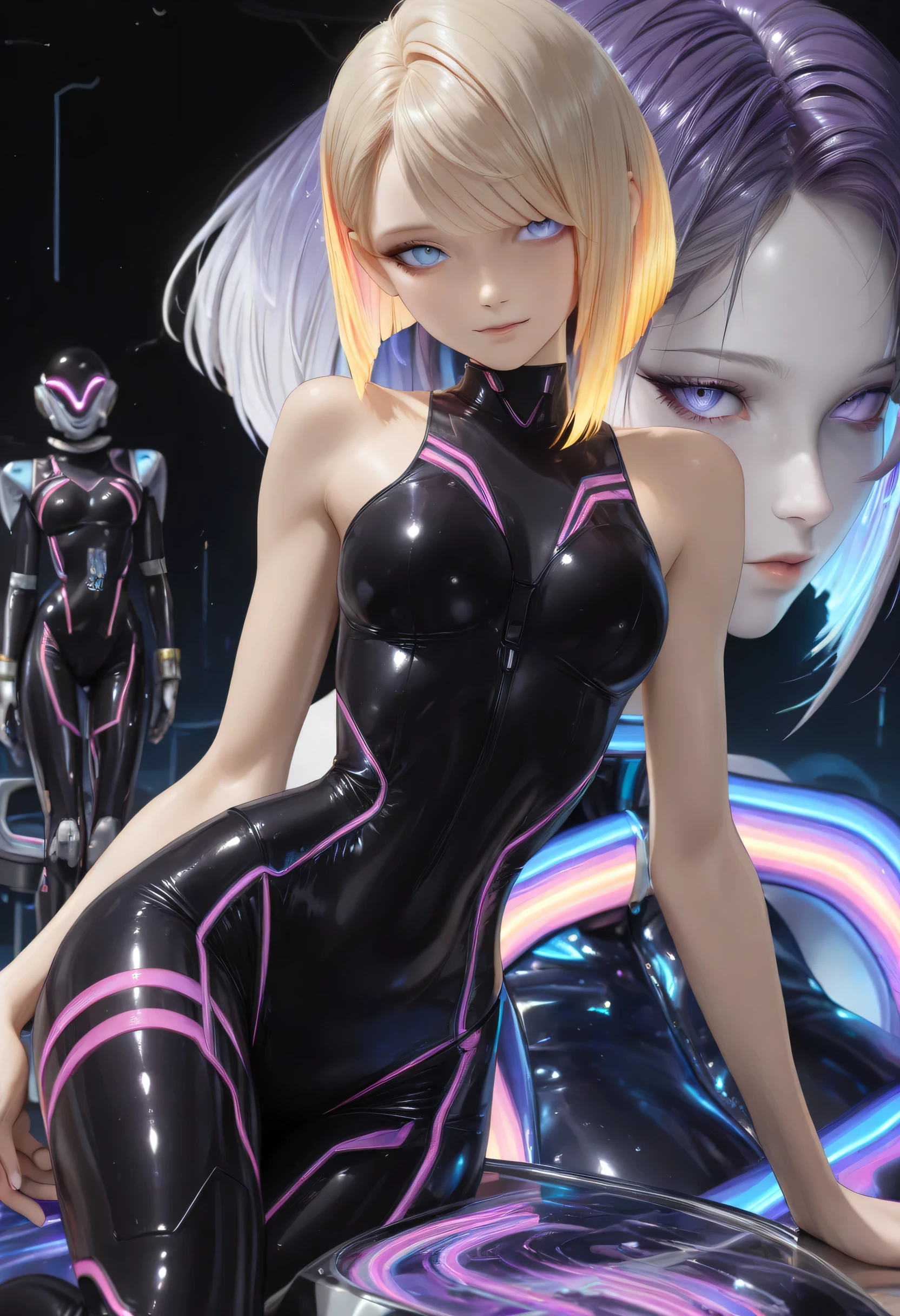  RAW digital art, ultra-realistic 3D render of a stunning woman resembling a futuristic cyberpunk protagonist, ((young woman)), ((highly detailed face:1.3)), ((perfectly proportioned oval face, delicate feminine yet androgynous features:1.3)), ((skinny, slim athletic build, short torso, very narrow waist, hour glass figure:1.3)), (( yet cold gaze)), (striking ice-blue eyes, long dark eyelashes, expressive eyes with subtle catchlights and reflections, pale porcelain skin with cool undertones, subtle beauty mark on left cheek)), ((large  full  under tight clothing:1.3)), ((smooth yet detailed hair strands, very short platinum-blonde asymmetrical bob with side-swept bangs partially covering one eye, silky metallic sheen:1.35)), soft dramatic rim lighting with strong cool blue key light from front-left, glowing hair edges, cinematic cyberpunk color grading with dominant cool blues and high contrast, ((wearing a black tight suit in the style of the Tron movies,  shoulders, vertical purple stripes on the suit, neon stripes, future, and reflective fabric:1.45)), sitting on a chair with one leg crossed over the other, her arms resting on the armrests, posture elegant and composed, minimal clean background with soft blue gradient and subtle lens flare, close-up portrait from  up, background softly blurred, (8K resolution, intricate textures, razor-sharp focus on eyes and face)