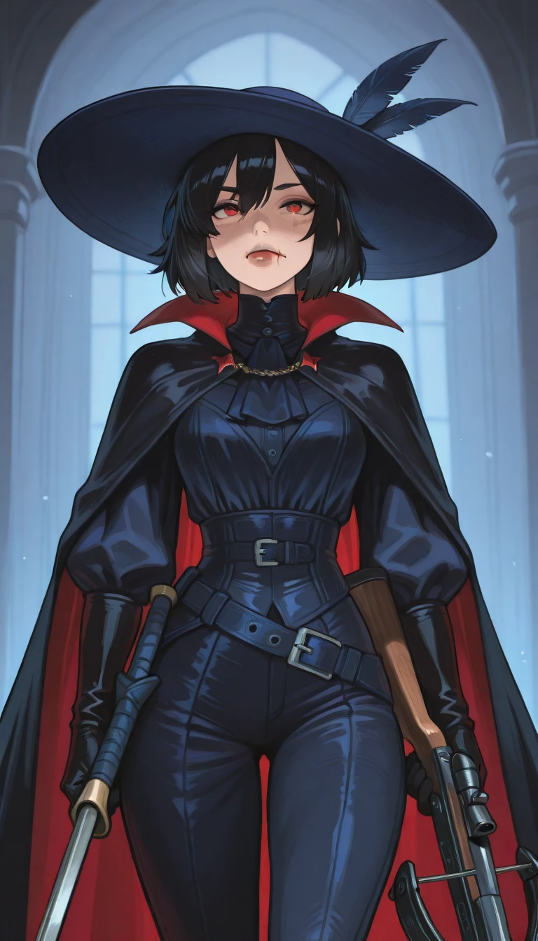Anime girl, short black hair, elf ears, red eyes, vampire, sorcerer, magician, witch, big witch hat, bowtie, shirt, vest, skirt, stockings, boots, elegant, sparkles, magic
