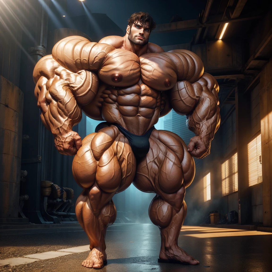 There is only one handsome Asian actor in the photo，35 years old，High target, Fitness，Smooth body，Smooth skin，No  hair，short hair, O-Shaped Beard，Perfect body, Dark skin color，Radiant Skin，Smooth skin，Shiny, shiny skin，Smooth pectoral muscles，Muscle bulge, muscular, Very large pectoral muscles，Very  abdominal muscles，Very well-developed leg muscles，Huge concave and convex area，Brightens oily skin，Wearing a shiny gold leather thong，Handsome face，Normal human toes，Correct and accurate male body proportions，Superhero style，Light particle effects, dusk, Dynamic poses，Surrounded by energy，Multiple light points，Gradient sky, Gorgeous fantasy magic。
