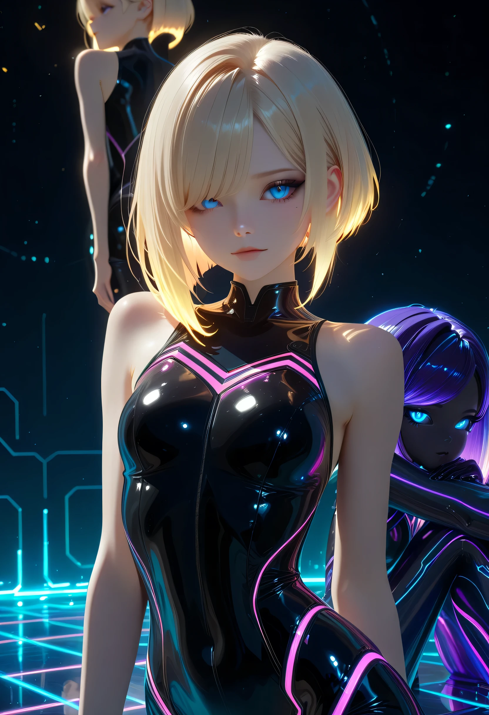 1 girl in, age18, RAW digital art, ultra-realistic 3D render of a stunning woman resembling a futuristic cyberpunk protagonist, ((young woman)), ((highly detailed face:1.3)), ((perfectly proportioned oval face, delicate feminine yet androgynous features:1.3)), ((skinny, slim athletic build, short torso, very narrow waist, hour glass figure:1.3)), (( yet cold gaze)), (striking ice-blue eyes, long dark eyelashes, expressive eyes with subtle catchlights and reflections, pale porcelain skin with cool undertones, subtle beauty mark on left cheek)), ((large full  under tight clothing:1.3)), ((smooth yet detailed hair strands, very short platinum-blonde asymmetrical bob with side-swept bangs partially covering one eye, silky metallic sheen, glowing hair edges:1.35)), ((wearing a black tight suit in the style of the Tron movies,  shoulders, vertical purple stripes on the suit, neon stripes, future, and reflective fabric:1.45)), sitting on the ground with knees bent and arms wrapped lightly around them, her head resting against her arms in a relaxed pose, soft dramatic rim lighting with strong cool blue key light from front-left,  cinematic cyberpunk color grading with dominant cool blues and high contrast, minimal clean background with soft blue gradient and subtle lens flare, background softly blurred, (8K resolution, intricate textures, razor-sharp focus on eyes and face)