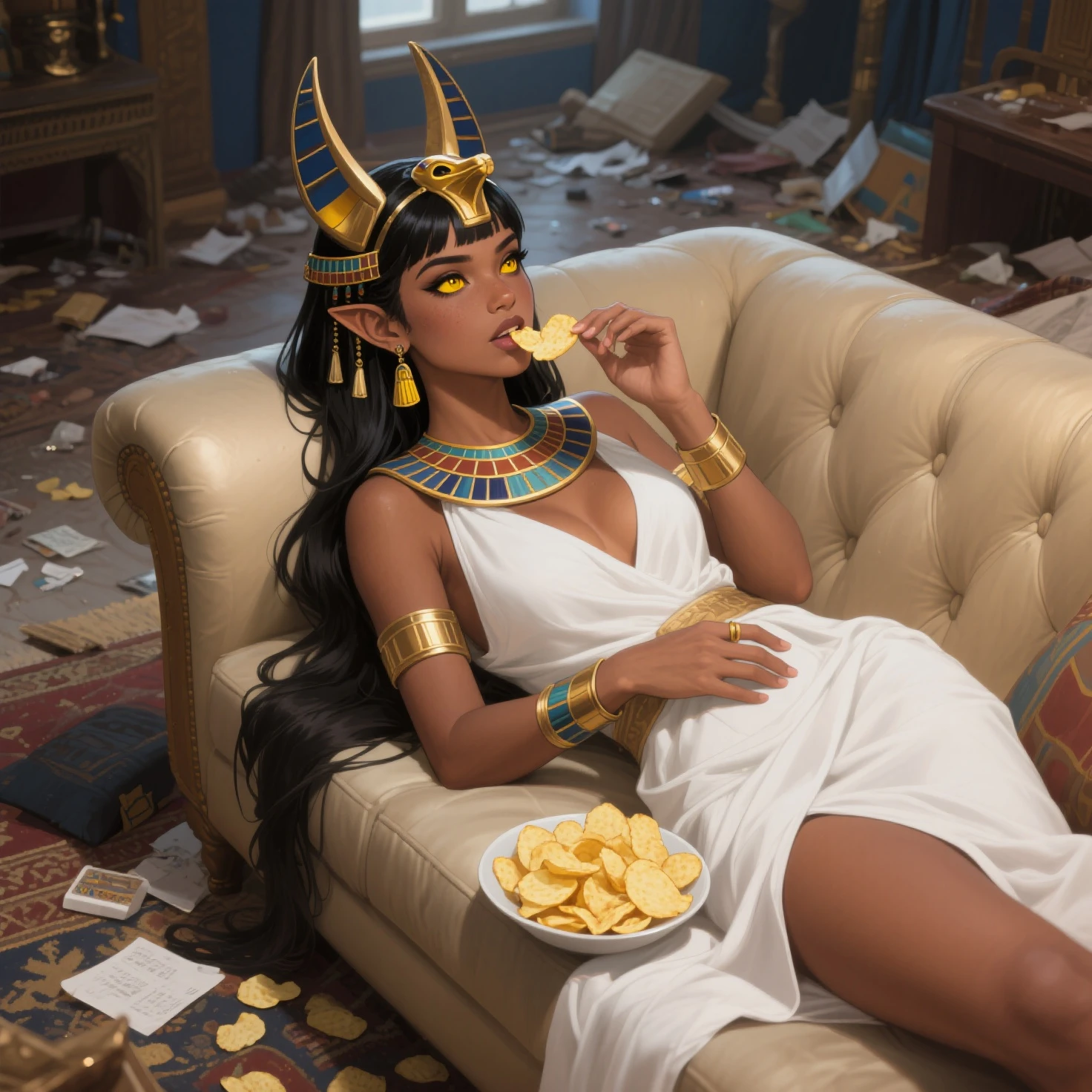 ????????? is using a cellphone (dark skin)
She is happy and having fun texting on her phone.
She is in her royal bedchamers with a harem of servants working for her pleasure.