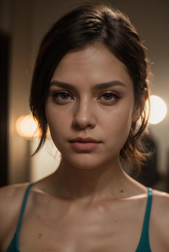 1 chica, hermosa chica, Piel clara , modelo adolescente , chica adolescente , 17 years,  senos grandes , Ojos realistas , gran sonrisa  , Ojos azules hermosos y grandes, Light brown hair  , corte de cabello Pixie , neon lights, neon girl, neon wallpaper, imaginario, Fondo de pantalla 8K, Light and cool lighting, foto realista , Gel lighting, ultra detalles, usa camisa sin mangas color morado con imagen de calavera , white belt , falda color lila con imagenes de cuadros , maquillaje , labios rojos , sombra de ojos color morado, posing for the camera , Luna Loud 